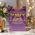 Editable Birthday Dinner Invitation, Purple Gold Retirement Dinner Party Invite Elegant Woman Dinner invite, Classy Surprise Dinner Template