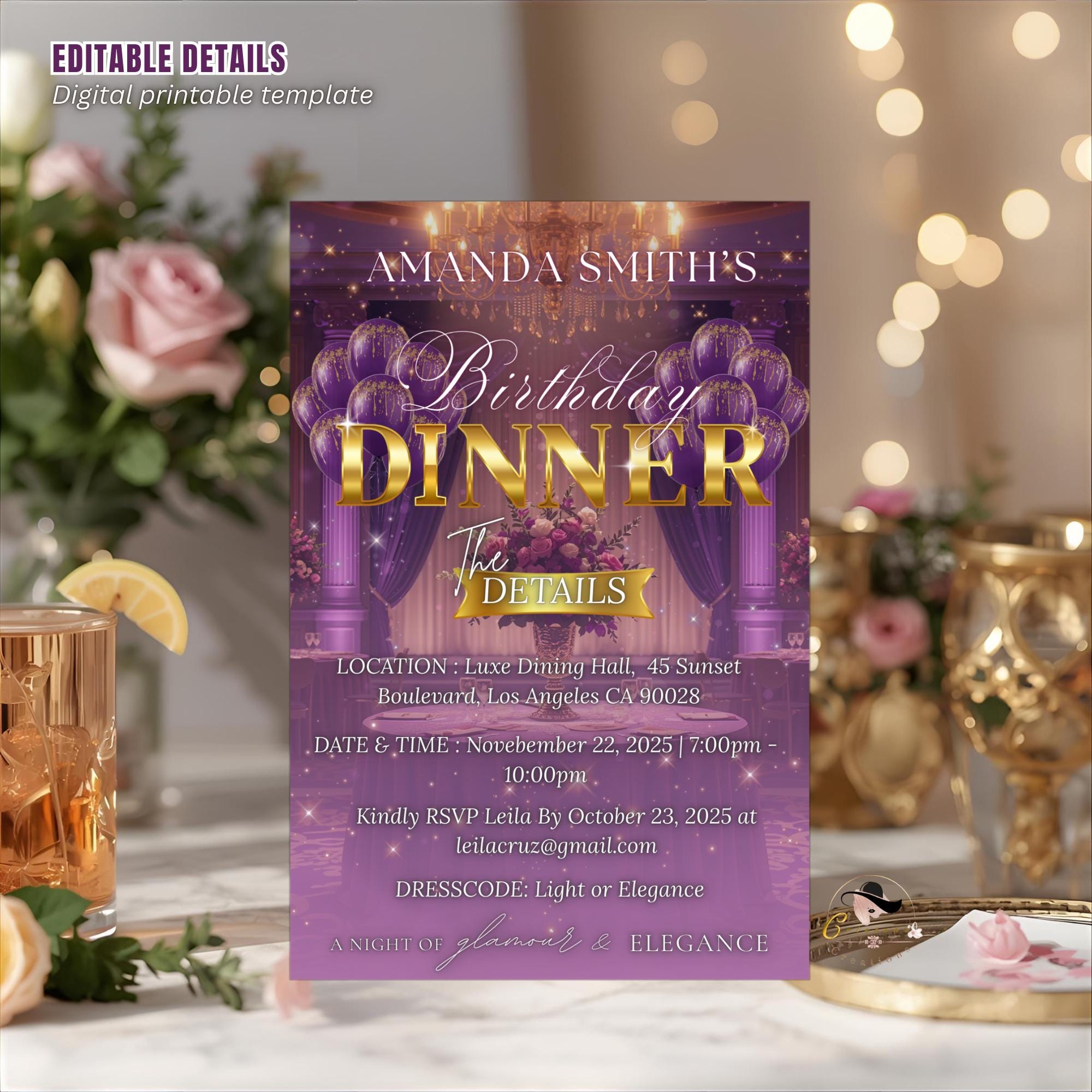 Editable Birthday Dinner Invitation, Purple Gold Retirement Dinner Party Invite Elegant Woman Dinner invite, Classy Surprise Dinner Template