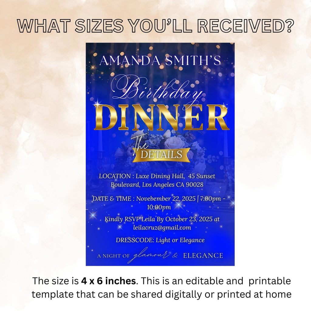 Editable Birthday Dinner Invitation, Blue Gold Retirement Dinner Party Invite, Elegant Woman Dinner invite, Classy Surprise Dinner Template
