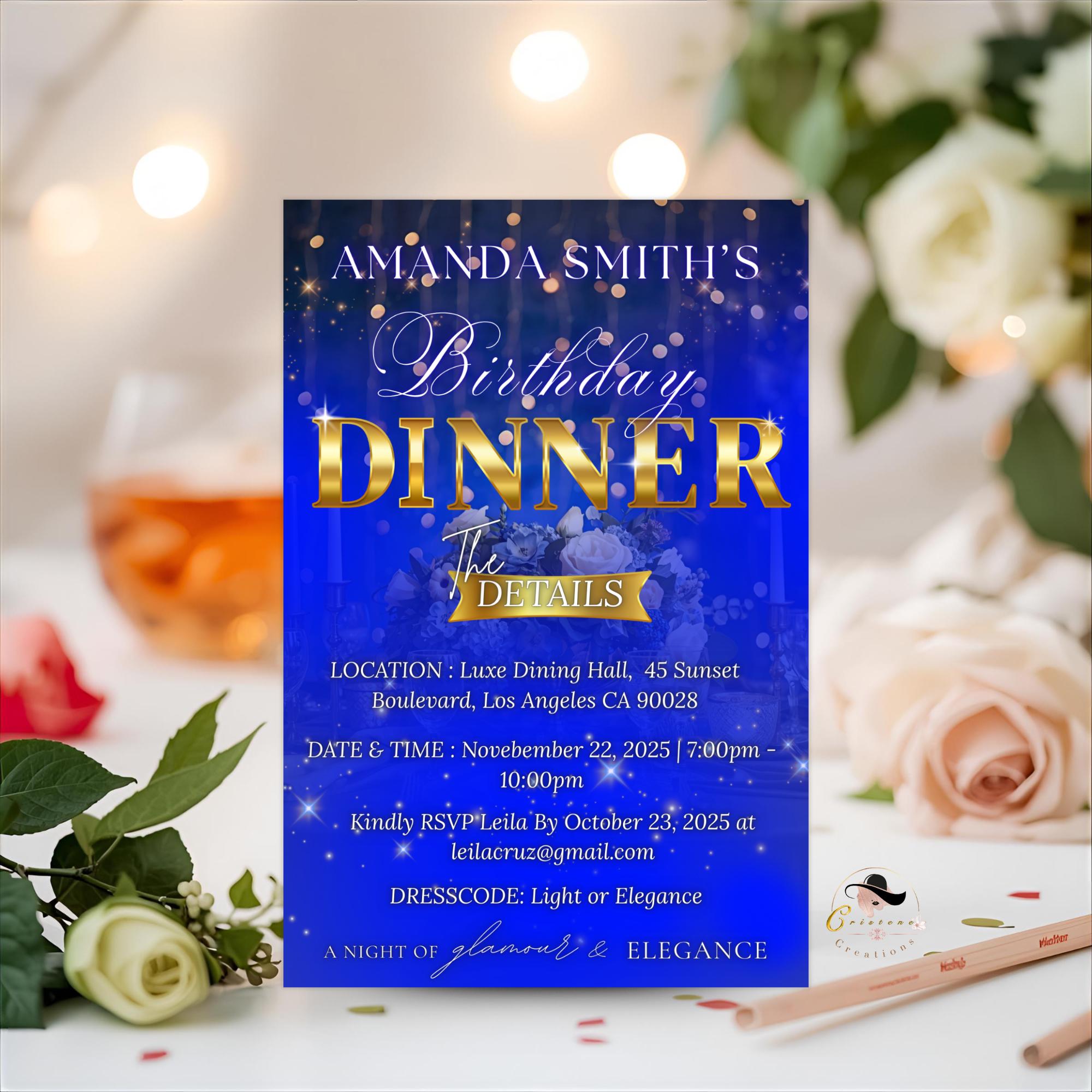 Editable Birthday Dinner Invitation, Blue Gold Retirement Dinner Party Invite, Elegant Woman Dinner invite, Classy Surprise Dinner Template