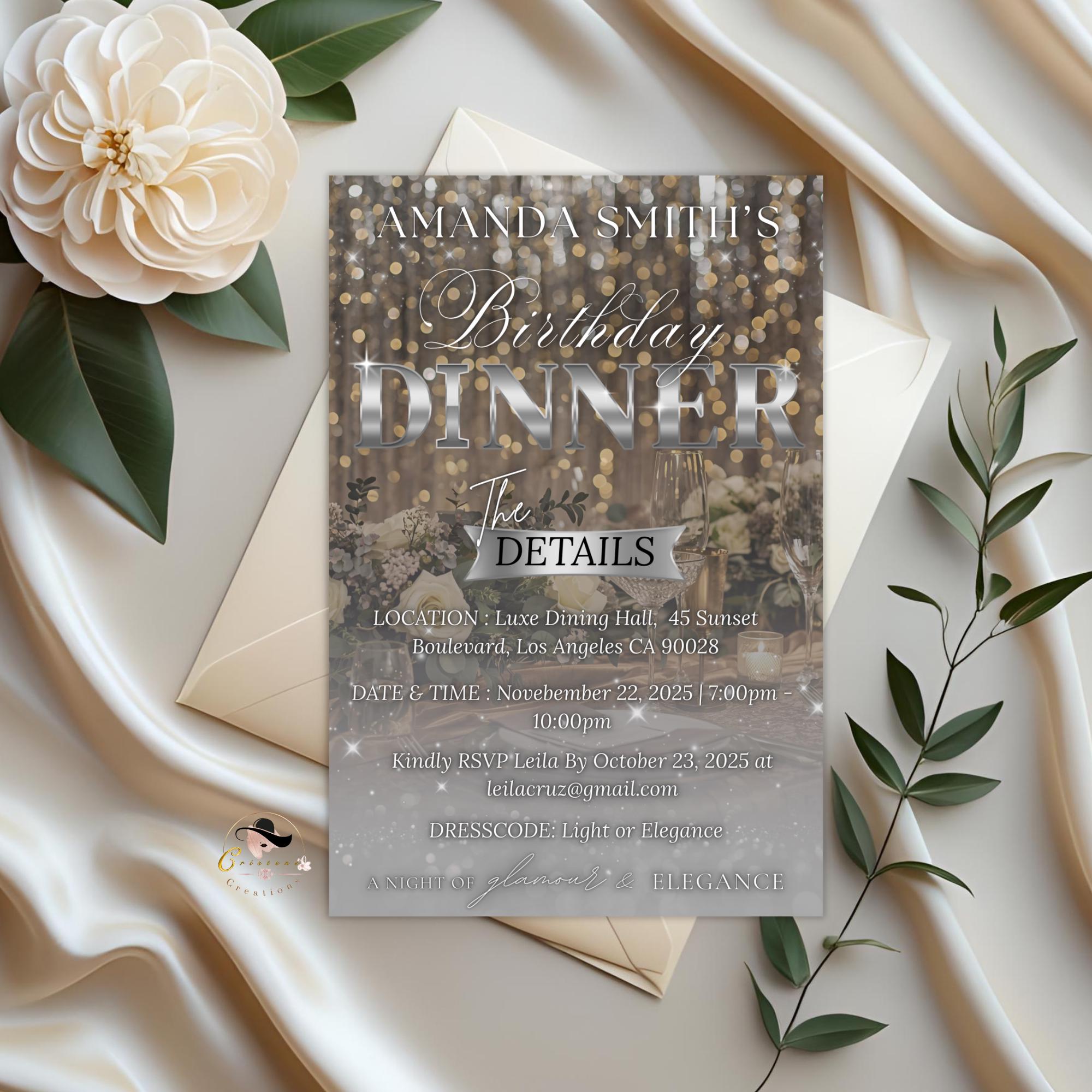 Digital Birthday Dinner Invitation, White Silver Retirement Dinner Party Invite Elegant Woman Dinner invite, Classy Surprise Dinner Template
