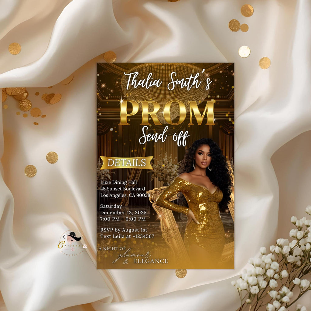 Digital Prom Send Off Invitation Black Gold Prom Party with photo invite, Editable Woman Prom Night Celebration Hollywood Template, PRM02