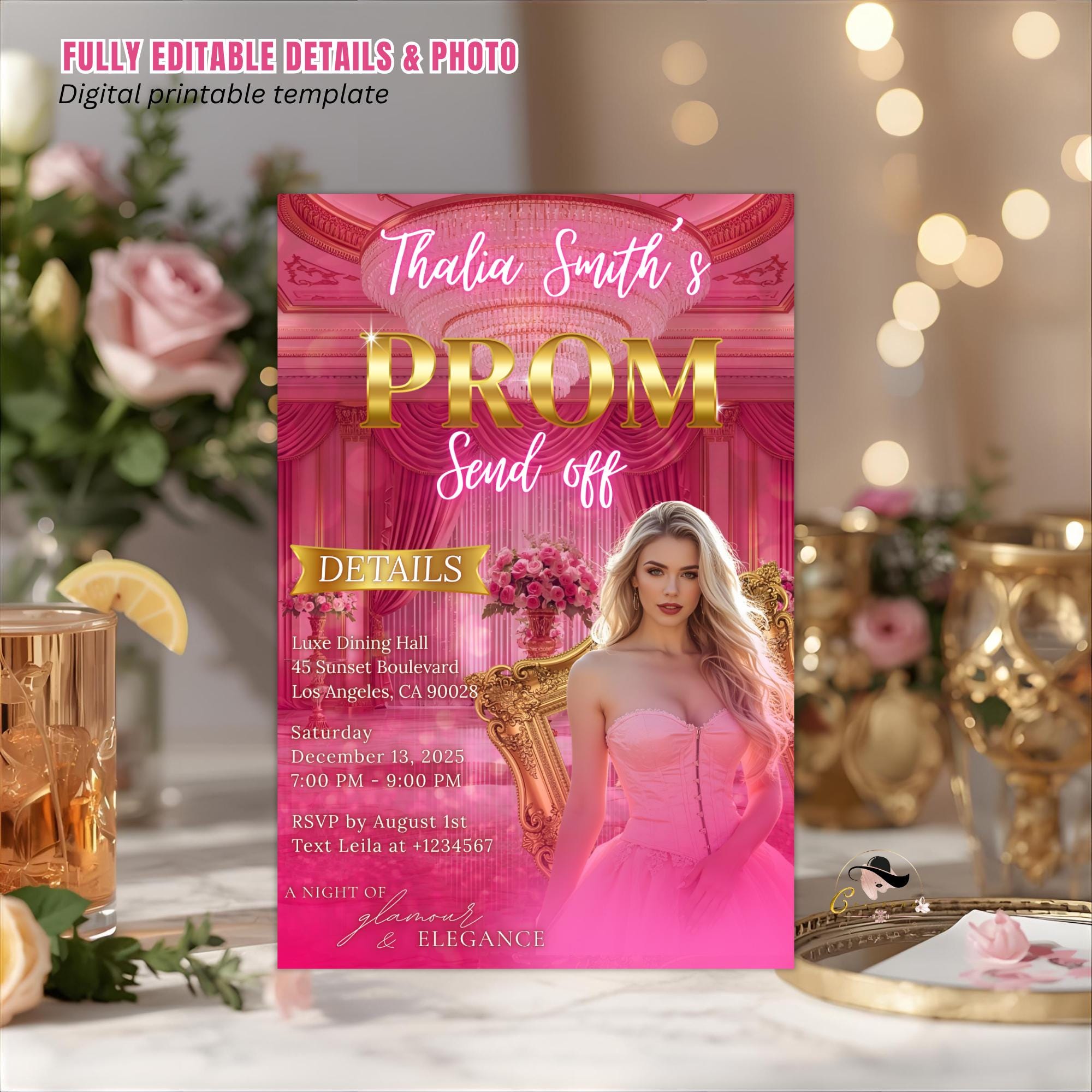 Editable Prom Send Off Invitation Pink Gold Prom Party with photo invite, Digital Woman Prom Night Celebration Hollywood Template, PRM03