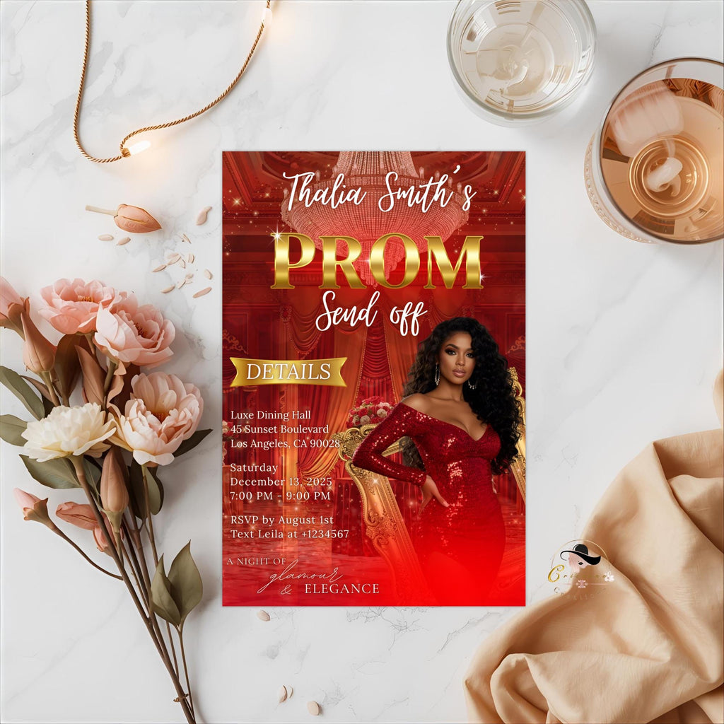 Editable Prom Send Off Invitation Red Gold Prom Party with photo invite Digital Woman Prom Night Celebration Hollywood Theme Template, PRM04