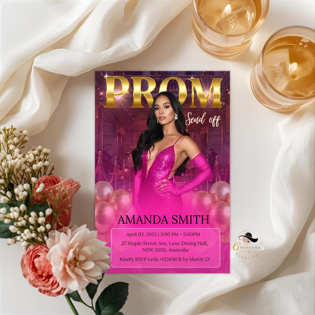 Digital Prom Send Off Invitation Pink Gold Prom Party with photo invite Editable Woman Prom Night Celebration Hollywood Theme Template PRM05