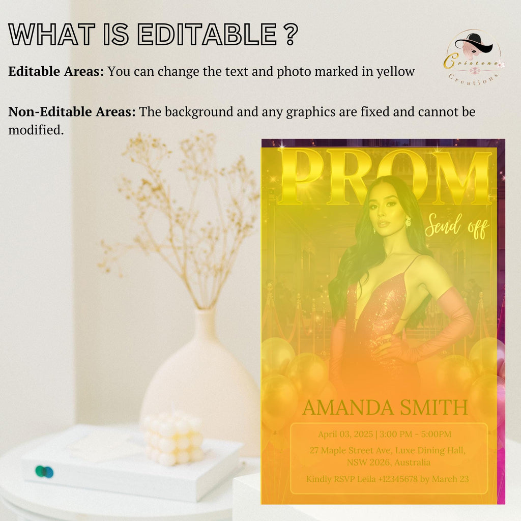 Digital Prom Send Off Invitation Pink Gold Prom Party with photo invite Editable Woman Prom Night Celebration Hollywood Theme Template PRM05