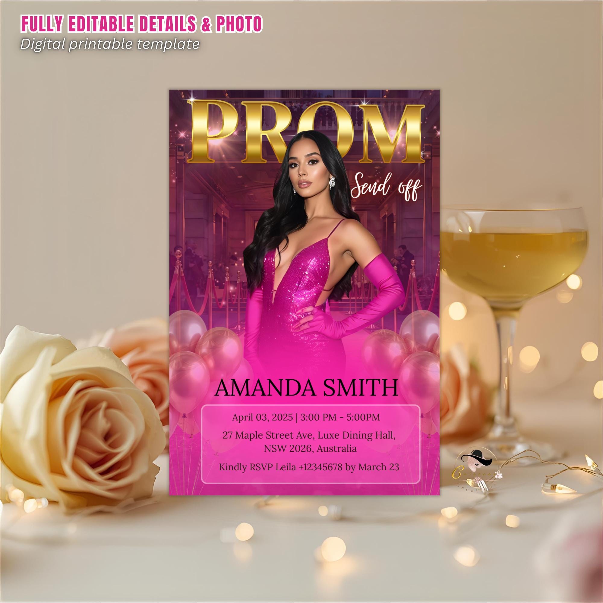 Digital Prom Send Off Invitation Pink Gold Prom Party with photo invite Editable Woman Prom Night Celebration Hollywood Theme Template PRM05