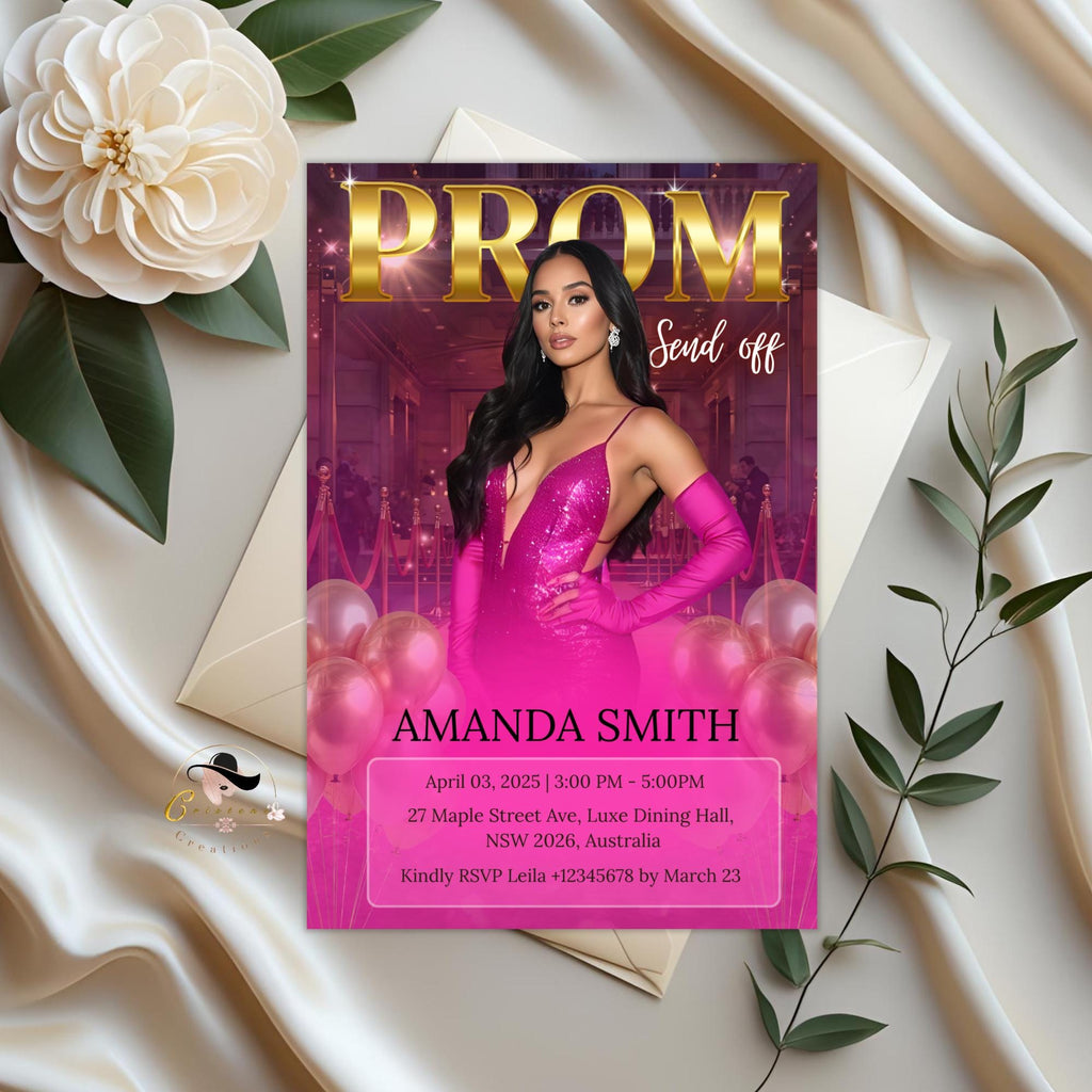 Digital Prom Send Off Invitation Pink Gold Prom Party with photo invite Editable Woman Prom Night Celebration Hollywood Theme Template PRM05