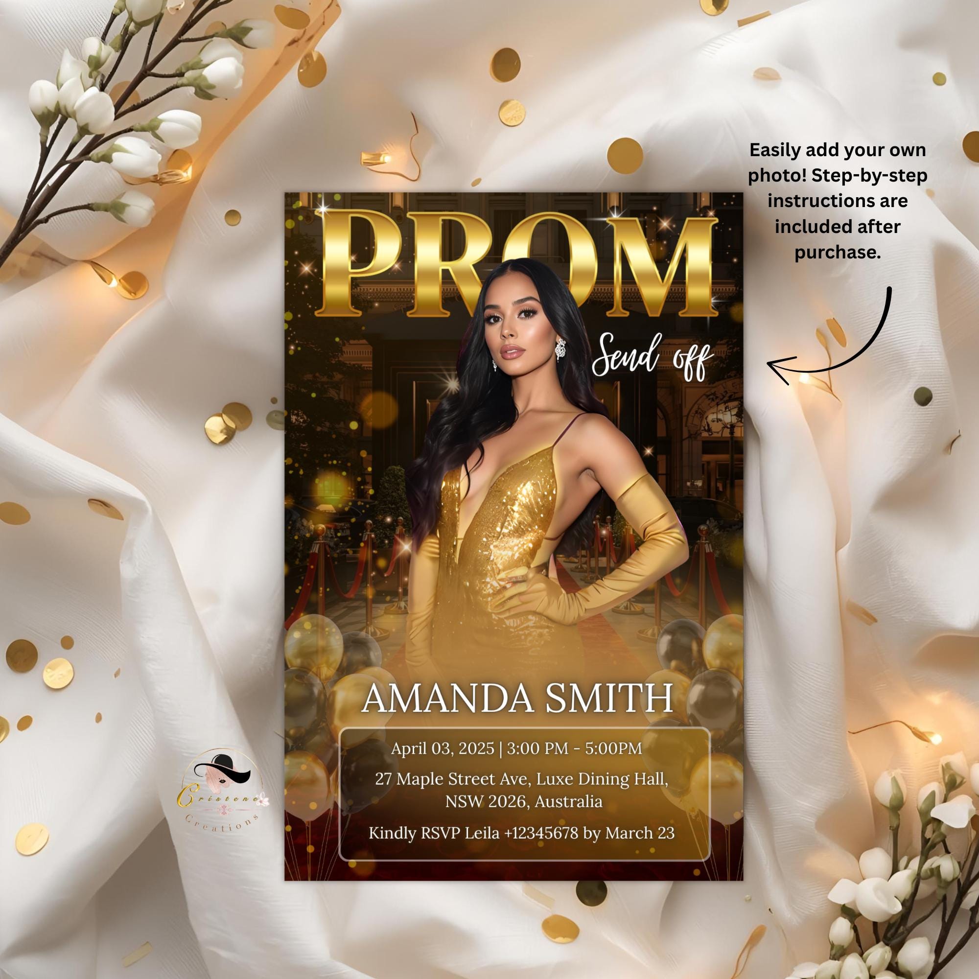 Digital Prom Send Off Party Invitation Black Gold Woman Prom Night with photo invite, Editable Hollywood Theme Celebration Template, PRM06