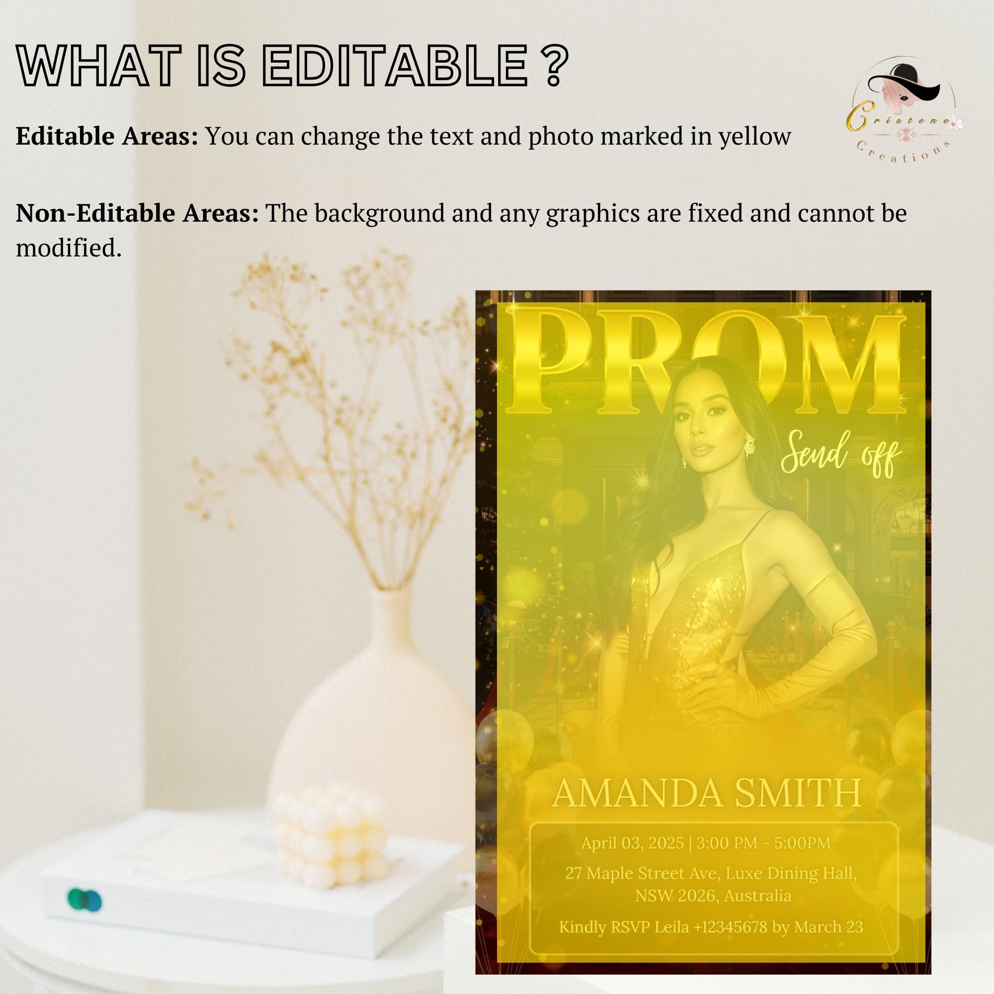 Digital Prom Send Off Party Invitation Black Gold Woman Prom Night with photo invite, Editable Hollywood Theme Celebration Template, PRM06