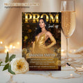 Digital Prom Send Off Party Invitation Black Gold Woman Prom Night with photo invite, Editable Hollywood Theme Celebration Template, PRM06
