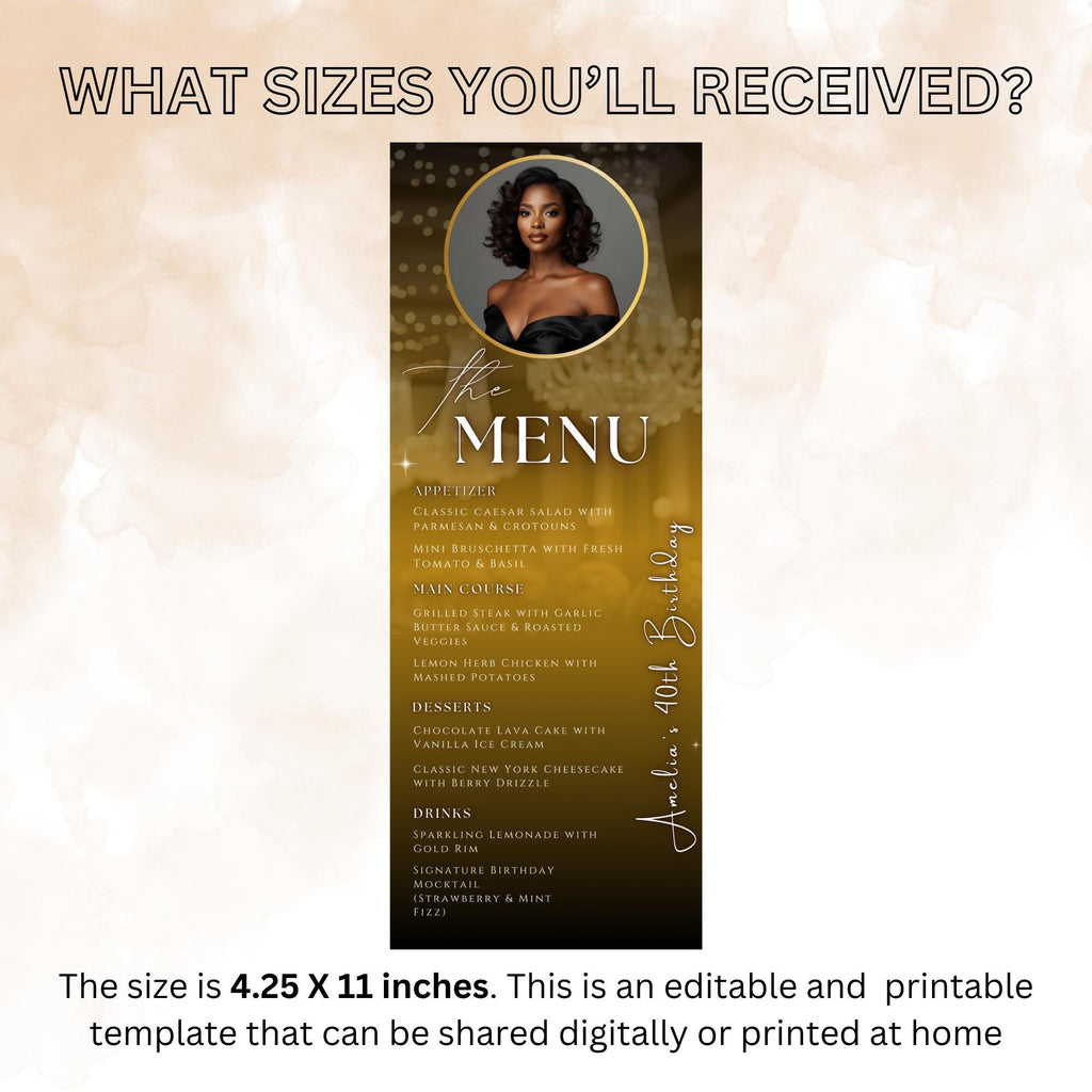 Editable Birthday Dinner Menu Template Black Gold Party Menu with photo, Elegant Retirement Menu, Graduation Menu Card Printable Food Menu