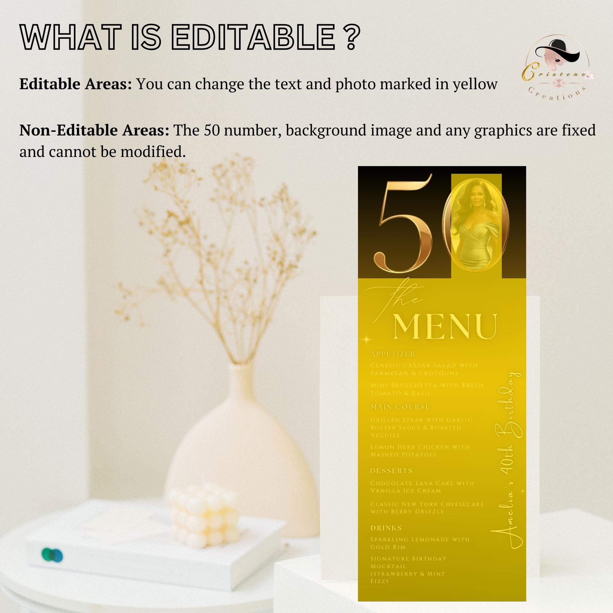 50th Birthday Dinner Menu Template with photo Black Golden Anniversary Menu Printable, Elegant Party Menu Woman, 50th Men Party Menu Card