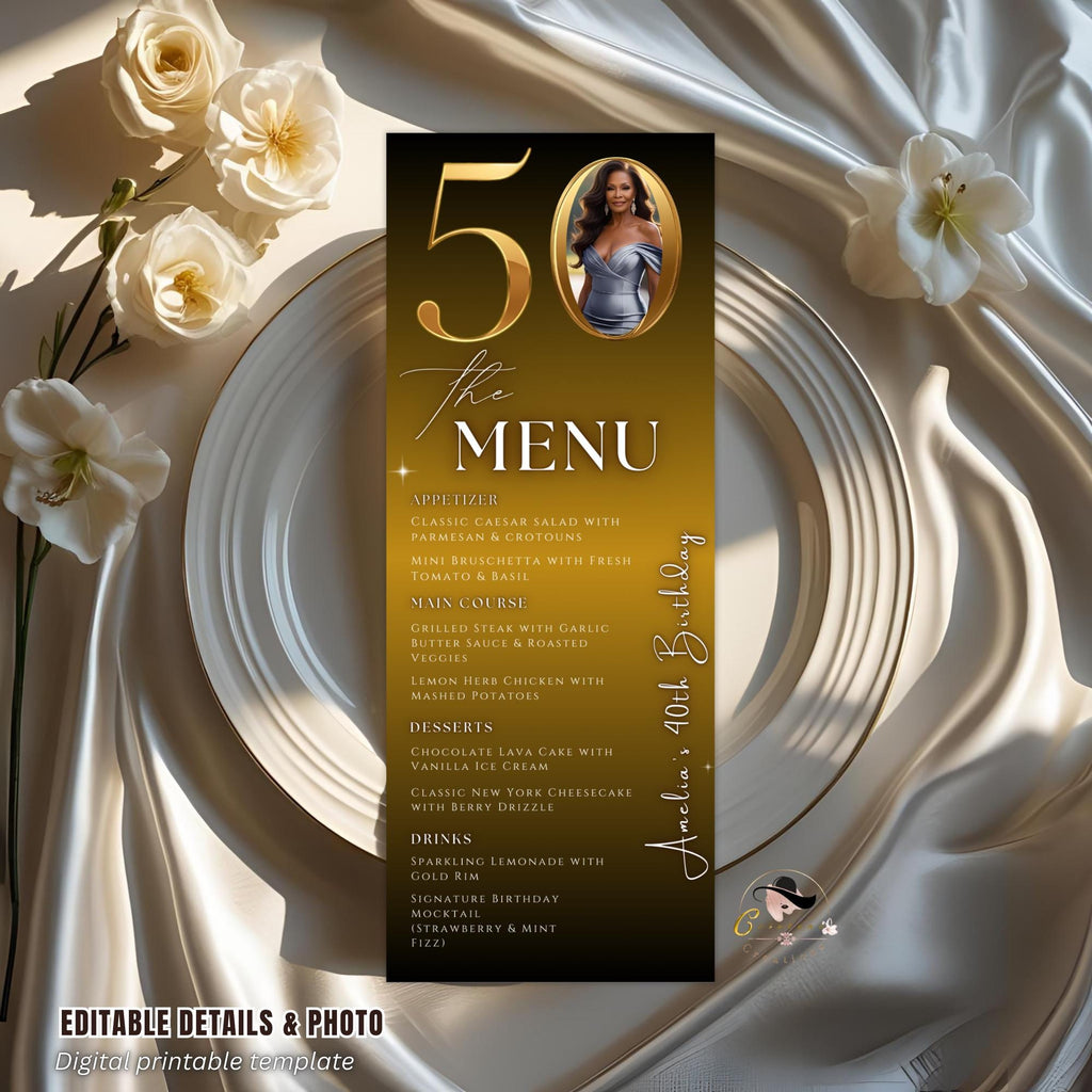 50th Birthday Dinner Menu Template with photo Black Golden Anniversary Menu Printable, Elegant Party Menu Woman, 50th Men Party Menu Card