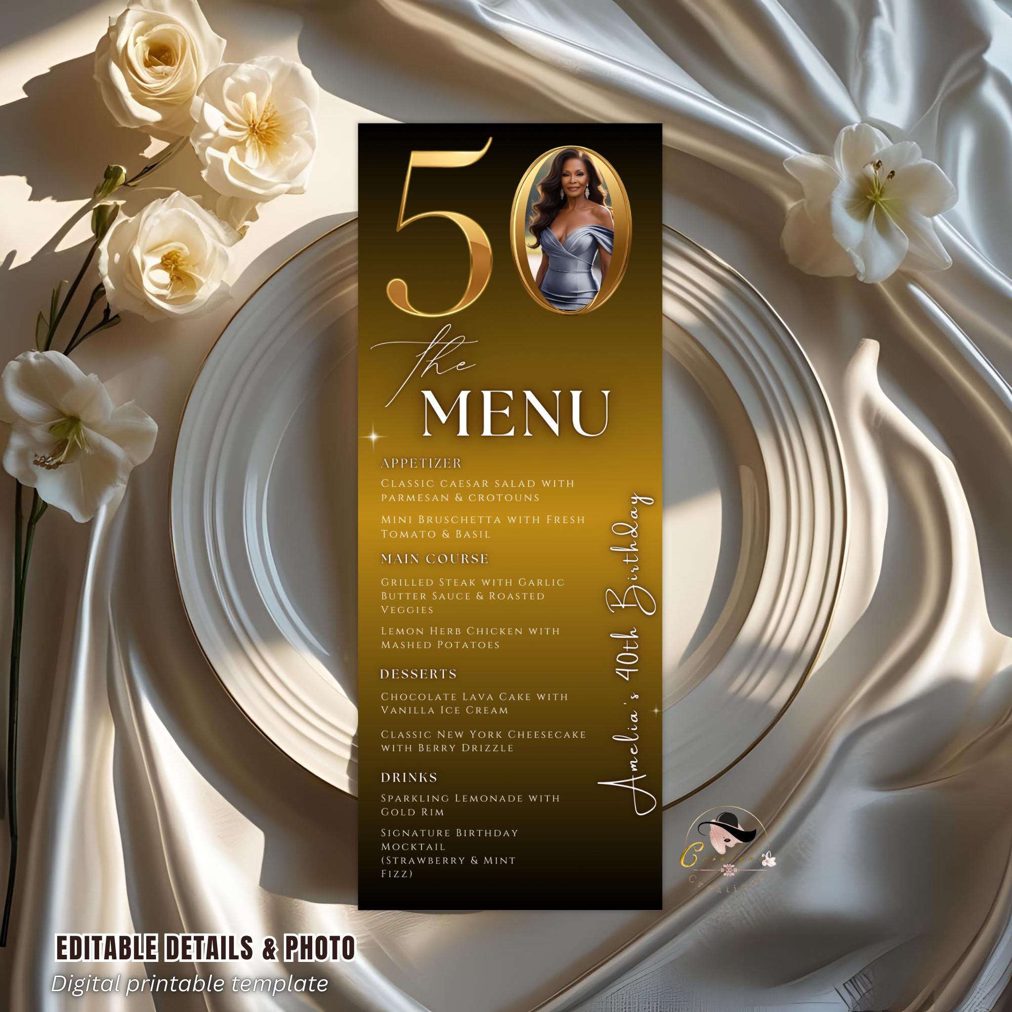50th Birthday Dinner Menu Template with photo Black Golden Anniversary Menu Printable, Elegant Party Menu Woman, 50th Men Party Menu Card