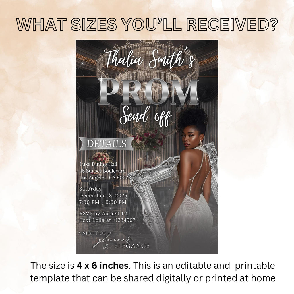 Digital Prom Send Off Party Invitation Black Silver Woman Prom Night with photo invite, Editable Hollywood Theme Celebration Template, PRM07