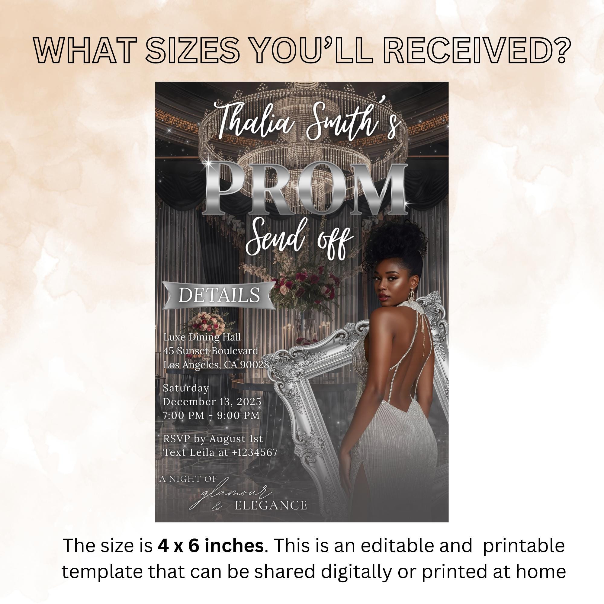 Digital Prom Send Off Party Invitation Black Silver Woman Prom Night with photo invite, Editable Hollywood Theme Celebration Template, PRM07