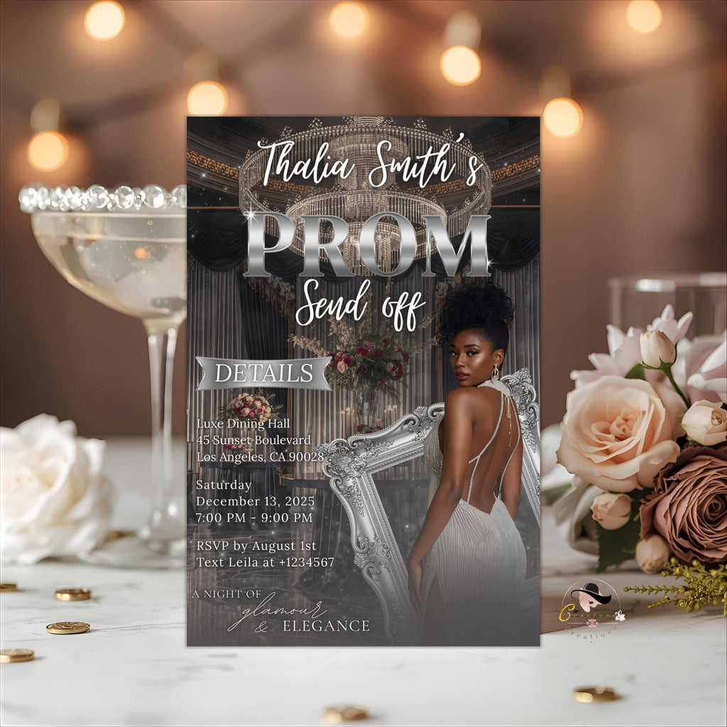 Digital Prom Send Off Party Invitation Black Silver Woman Prom Night with photo invite, Editable Hollywood Theme Celebration Template, PRM07
