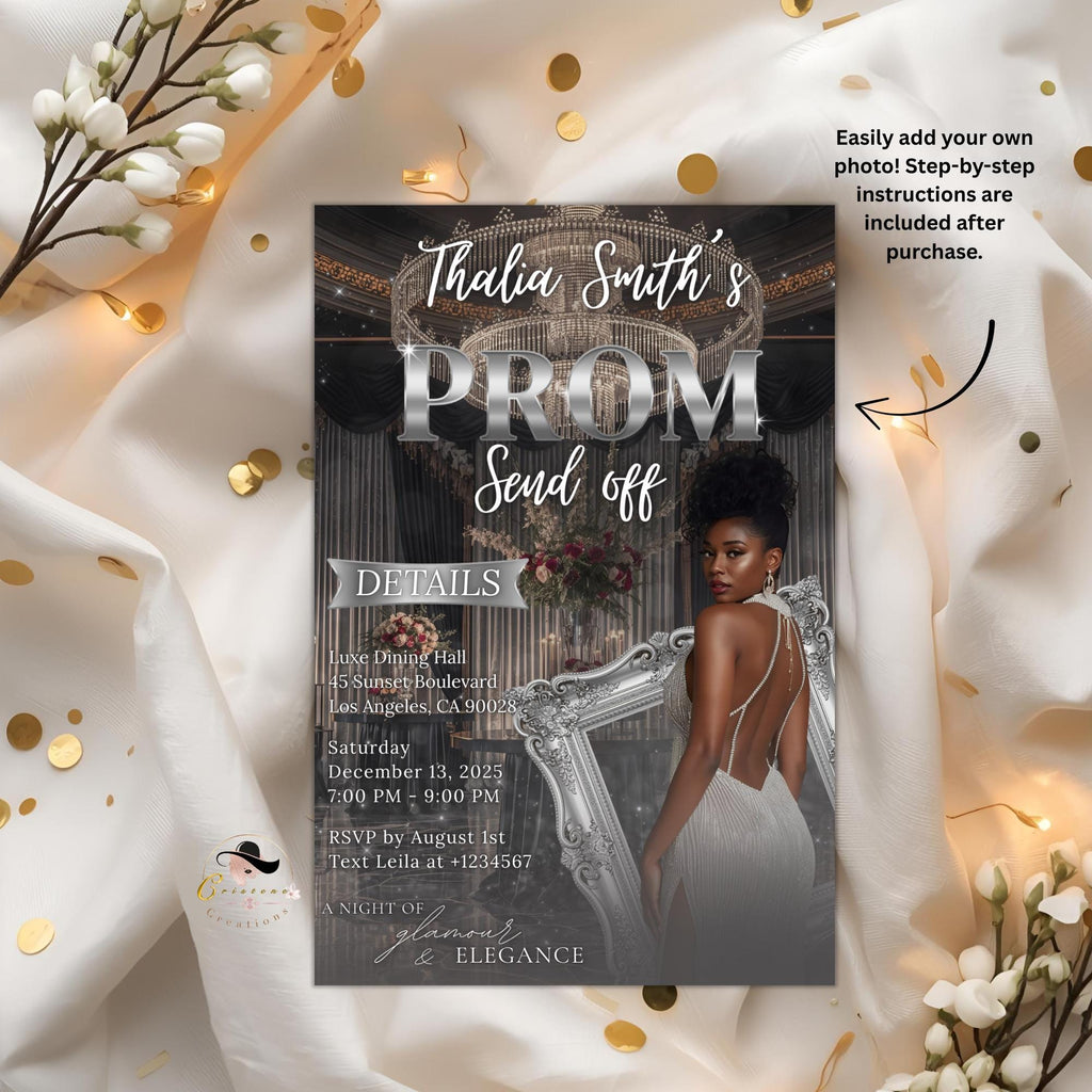 Digital Prom Send Off Party Invitation Black Silver Woman Prom Night with photo invite, Editable Hollywood Theme Celebration Template, PRM07
