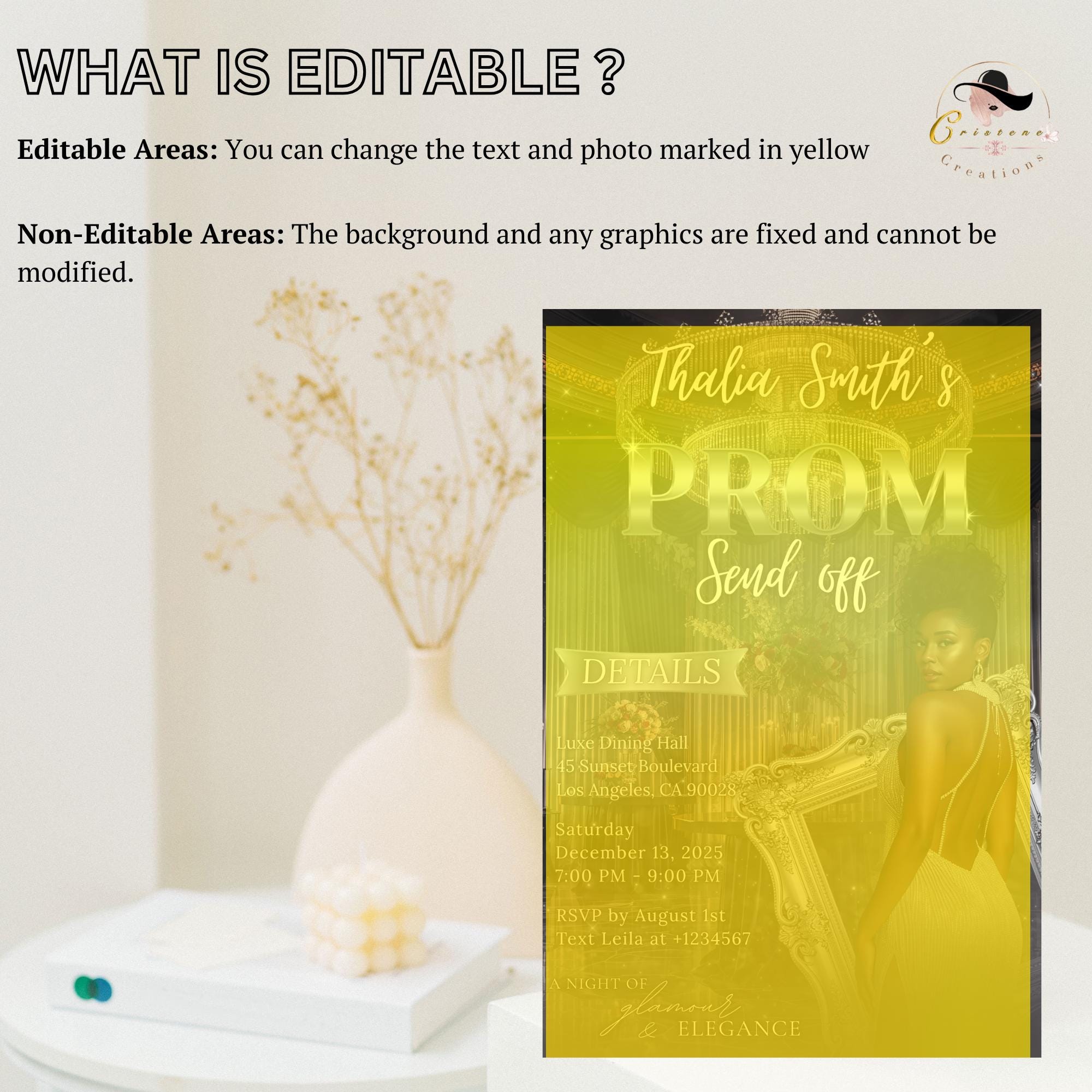 Digital Prom Send Off Party Invitation Black Silver Woman Prom Night with photo invite, Editable Hollywood Theme Celebration Template, PRM07