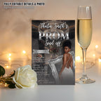 Digital Prom Send Off Party Invitation Black Silver Woman Prom Night with photo invite, Editable Hollywood Theme Celebration Template, PRM07