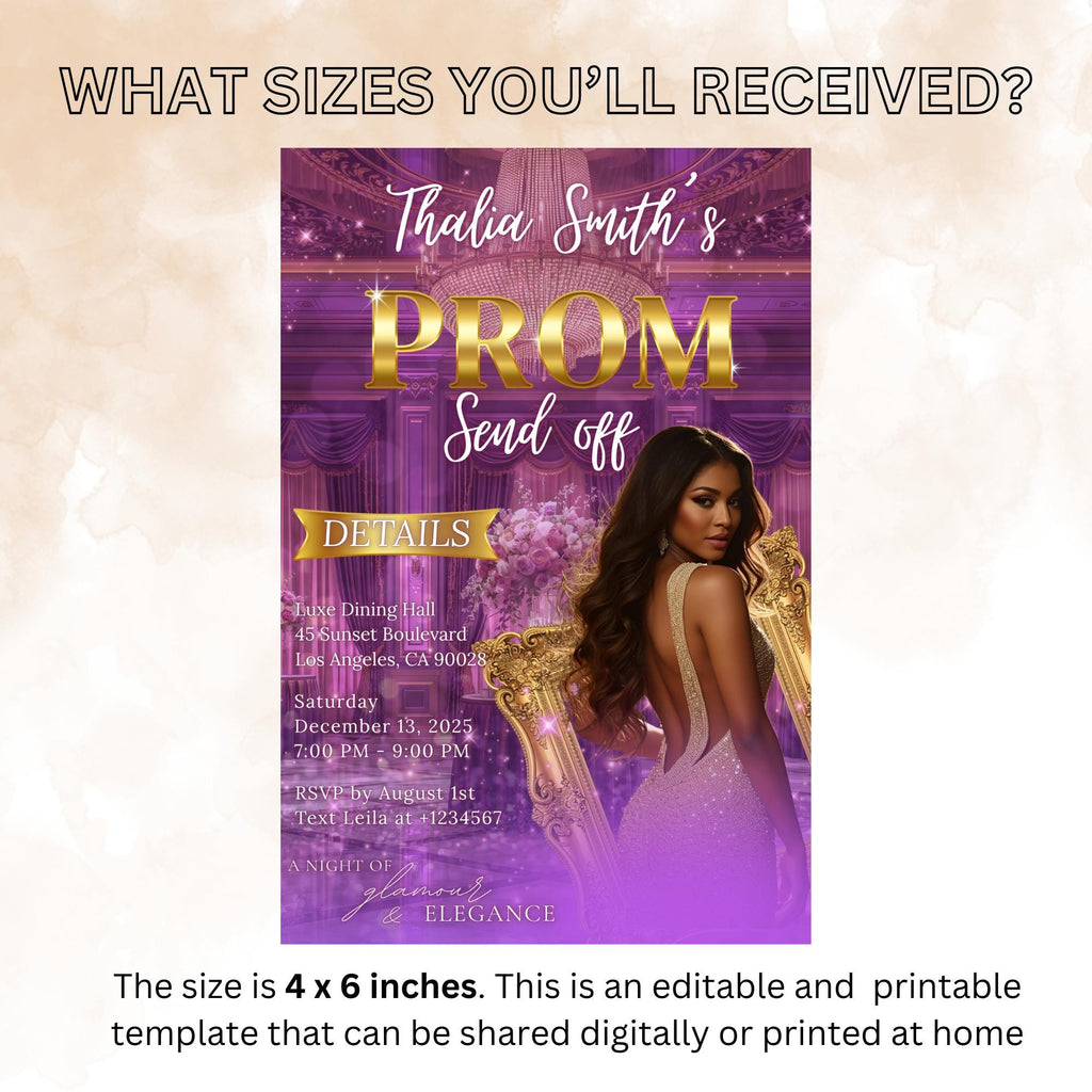 Editable Prom Send Off Party Invitation Purple Gold Woman Prom Night with photo invite, Digital Hollywood Theme Celebration Template, PRM08