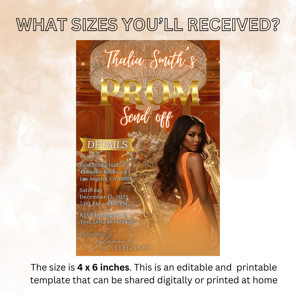 Editable Prom Send Off Party Invitation Orange Woman Prom Night with photo invite, Digital Glam Hollywood Theme Celebration Template, PRM09
