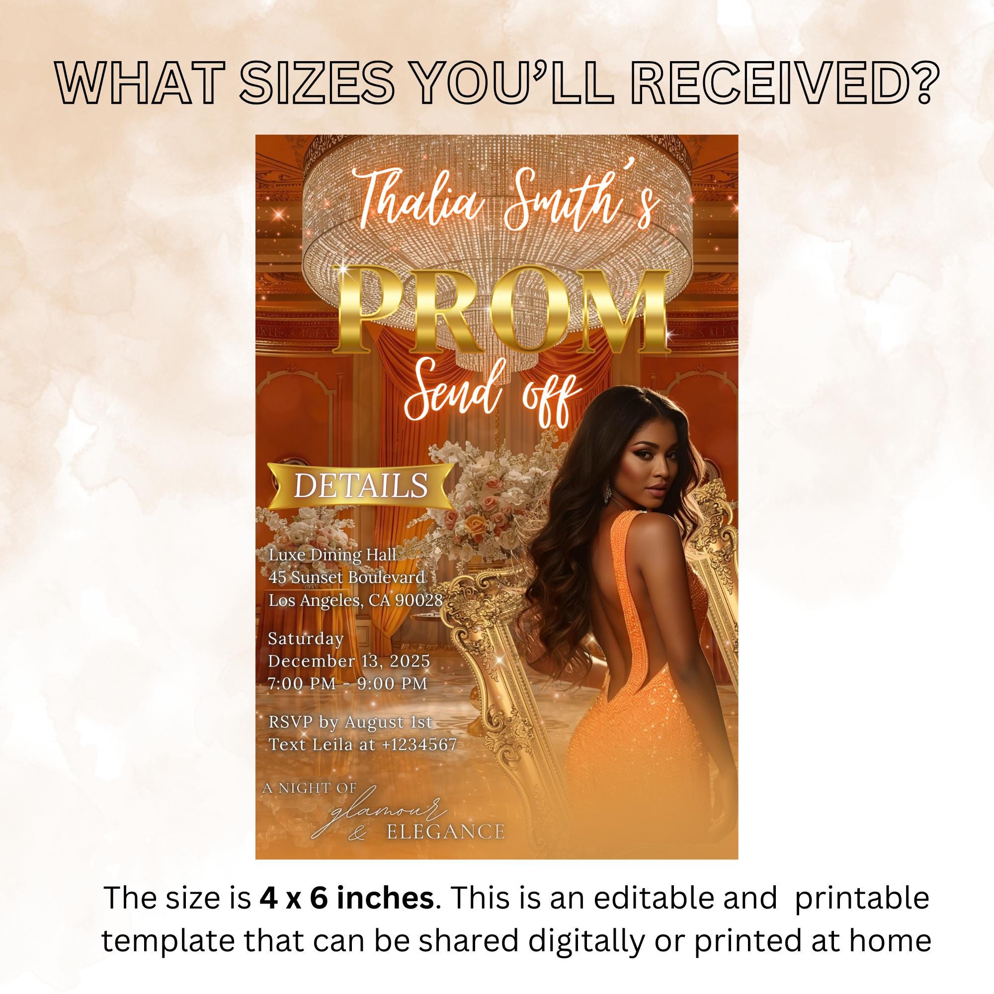 Editable Prom Send Off Party Invitation Orange Woman Prom Night with photo invite, Digital Glam Hollywood Theme Celebration Template, PRM09