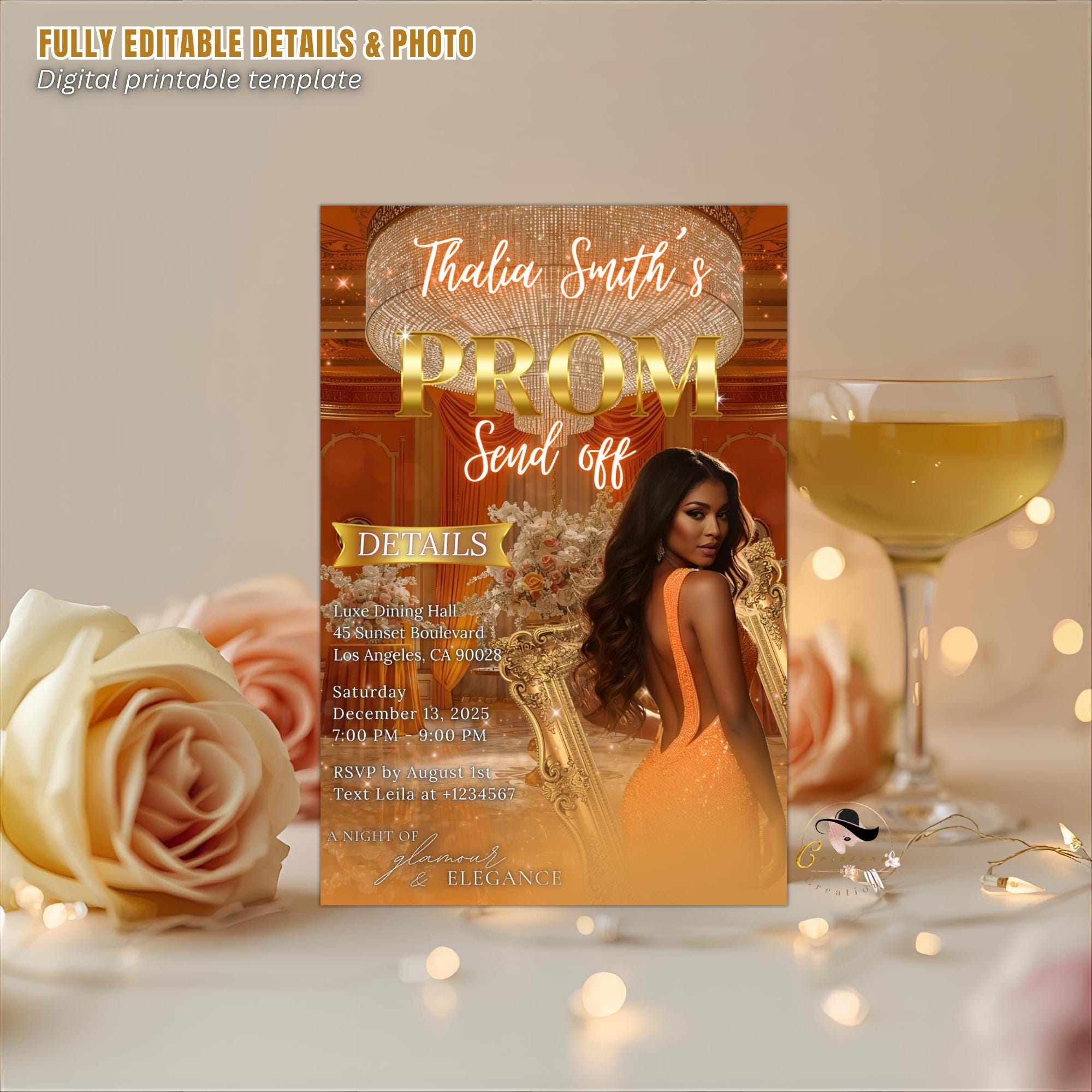 Editable Prom Send Off Party Invitation Orange Woman Prom Night with photo invite, Digital Glam Hollywood Theme Celebration Template, PRM09