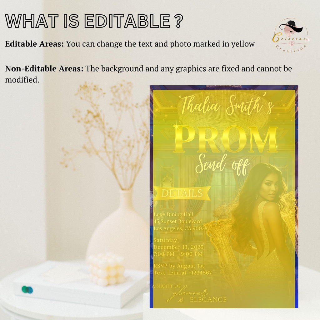 Digital Prom Send Off Invitation Blue Gold Prom Party with photo invite Editable Woman Prom Night Celebration Hollywood Theme Template PRM10