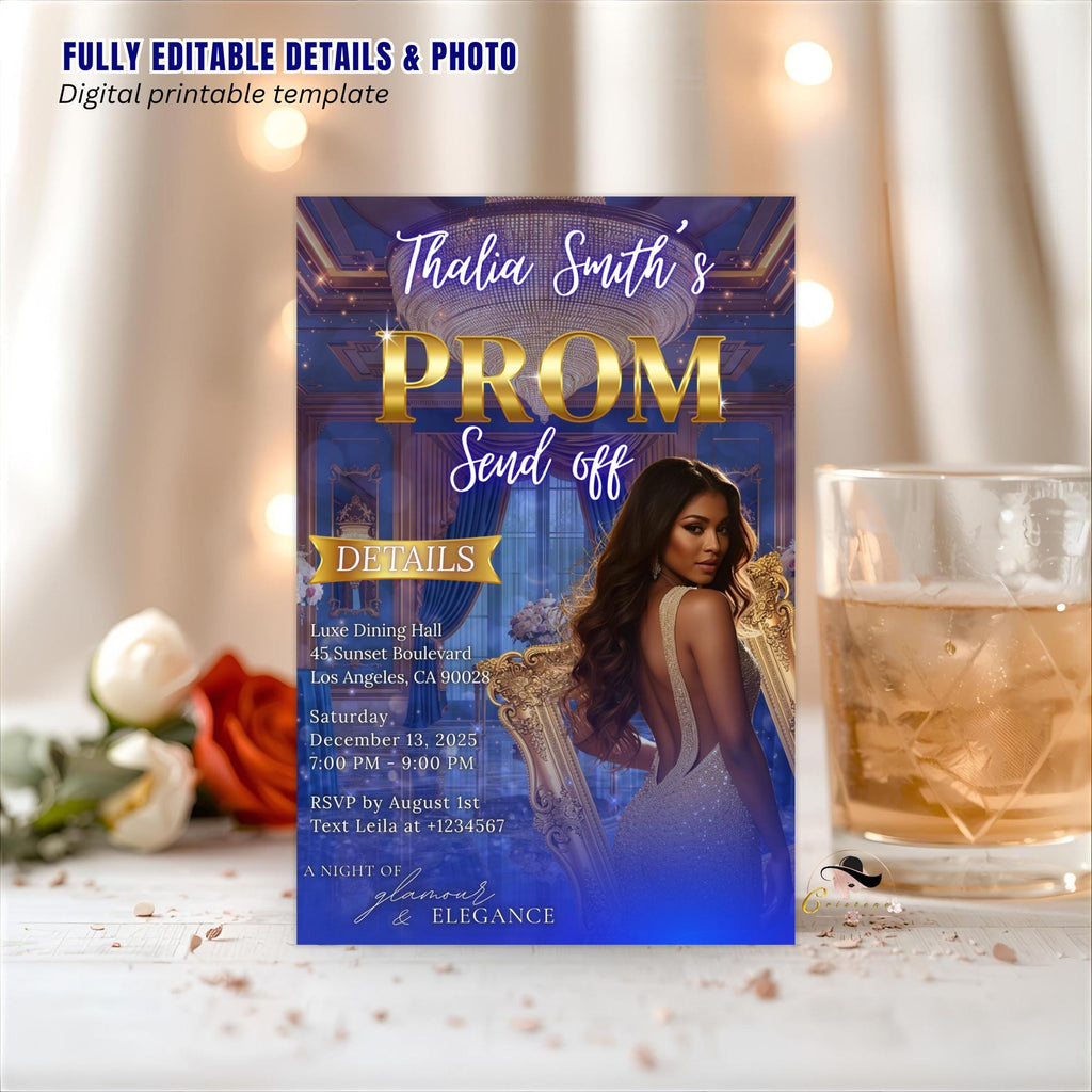 Digital Prom Send Off Invitation Blue Gold Prom Party with photo invite Editable Woman Prom Night Celebration Hollywood Theme Template PRM10