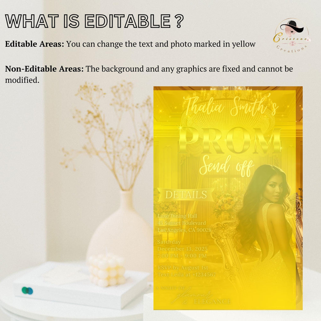 Digital Prom Send Off Party Invitation Yellow Gold Woman Prom Night with photo invite, Editable Hollywood Theme Celebration Template, PRM11