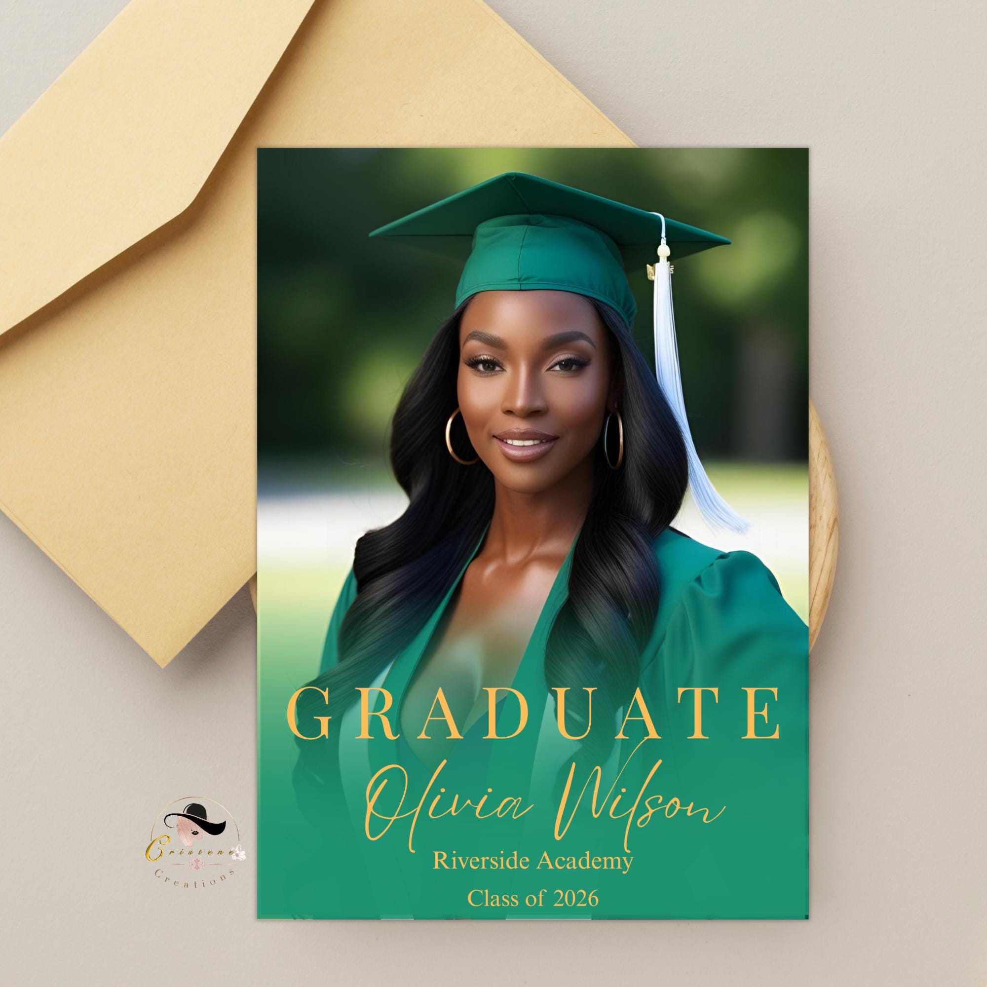 Editable Graduation Announcement Invitation Green Gold Woman Senior Grad Party Invite, 2026 College Graduation Day with photo Template