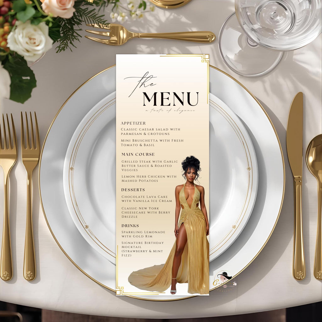 Editable Birthday Dinner Menu Card White Gold Party Menu with photo, Elegant Retirement Menu, Graduation Menu Template, Printable Food Menu