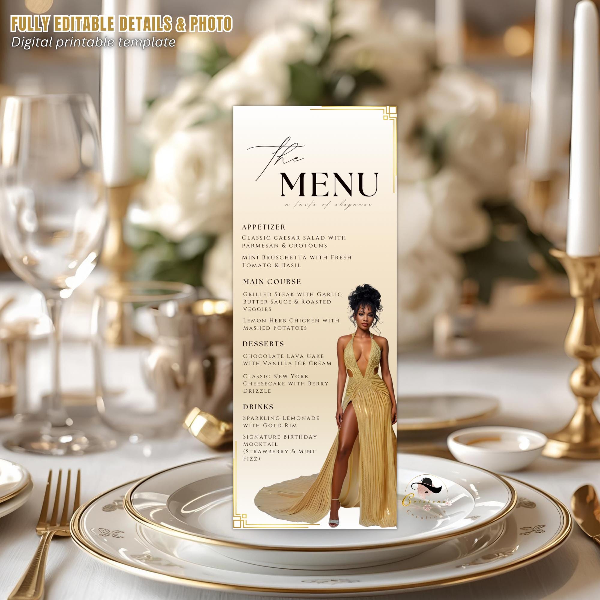 Editable Birthday Dinner Menu Card White Gold Party Menu with photo, Elegant Retirement Menu, Graduation Menu Template, Printable Food Menu