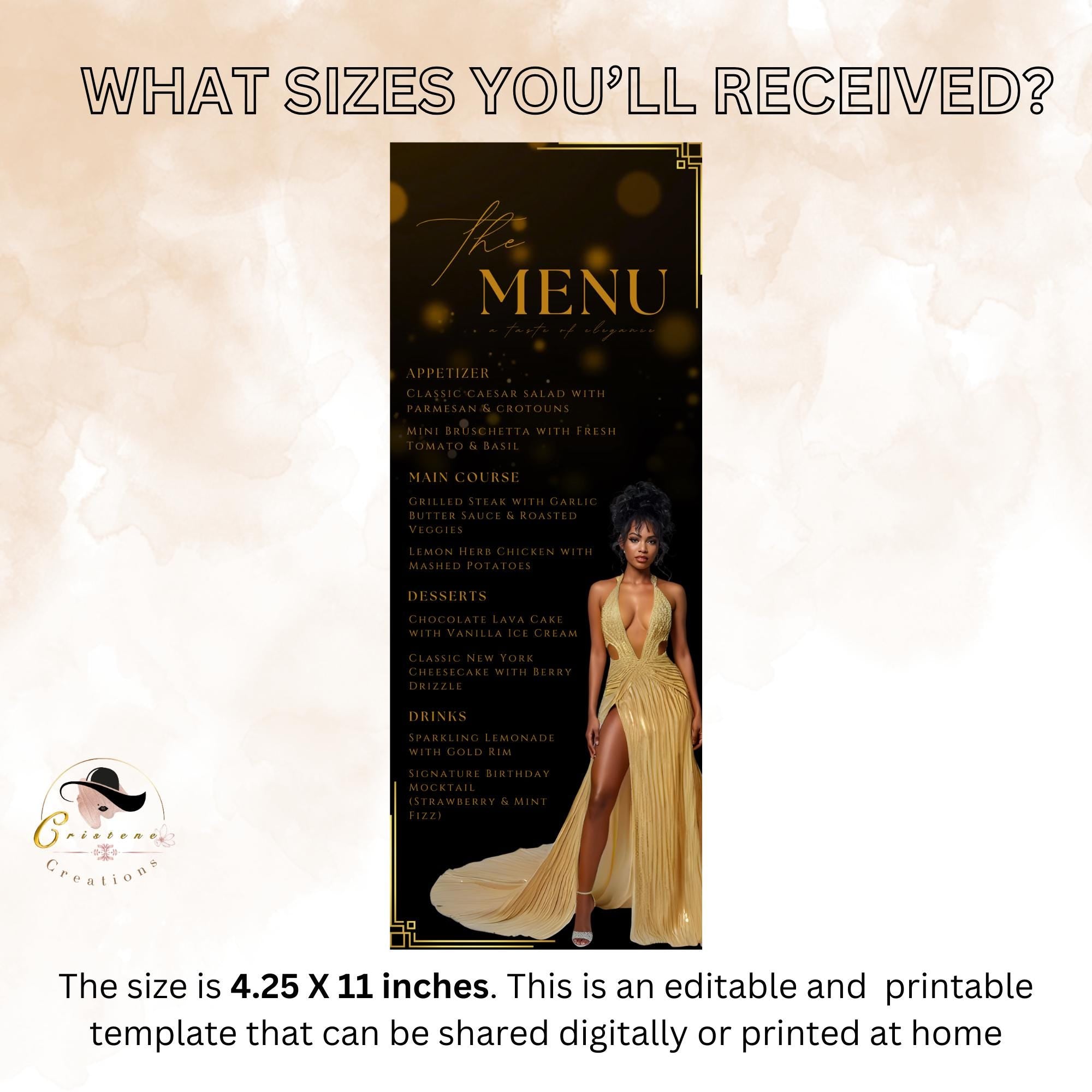 Birthday Dinner Menu Card Black Gold Elegant Party Menu with photo, Retirement Menu, Editable Graduation Menu Template Printable Event Menu