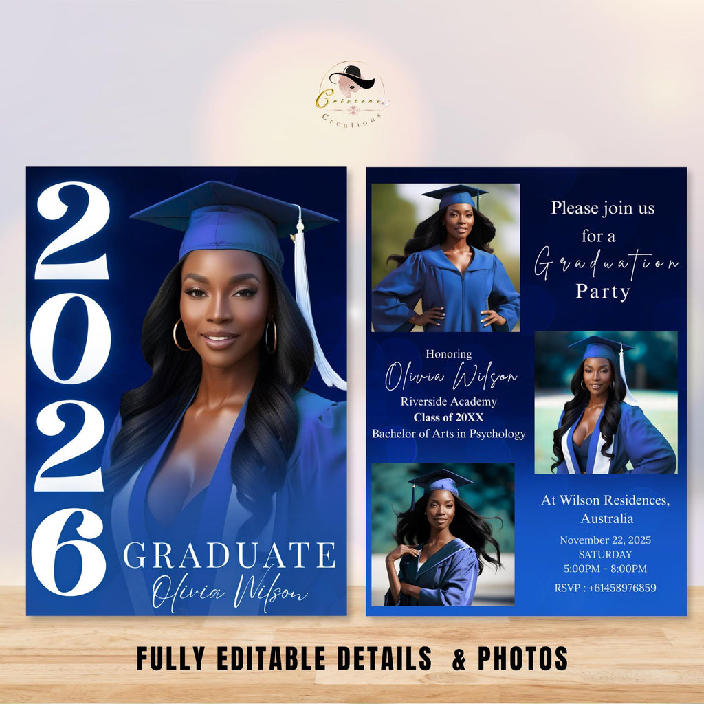 Digital Graduation Announcement Invitation Navy Blue 2026 Senior Graduate Party with photo invite, Editable College Graduation Day Template