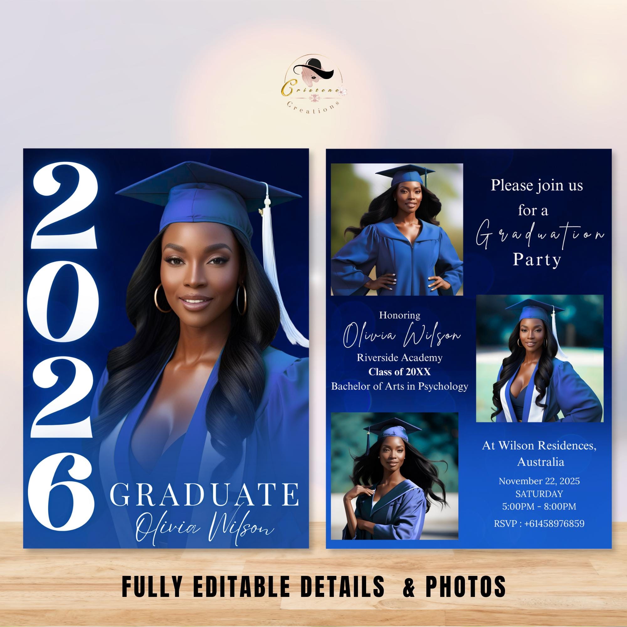 Digital Graduation Announcement Invitation Navy Blue 2026 Senior Graduate Party with photo invite, Editable College Graduation Day Template