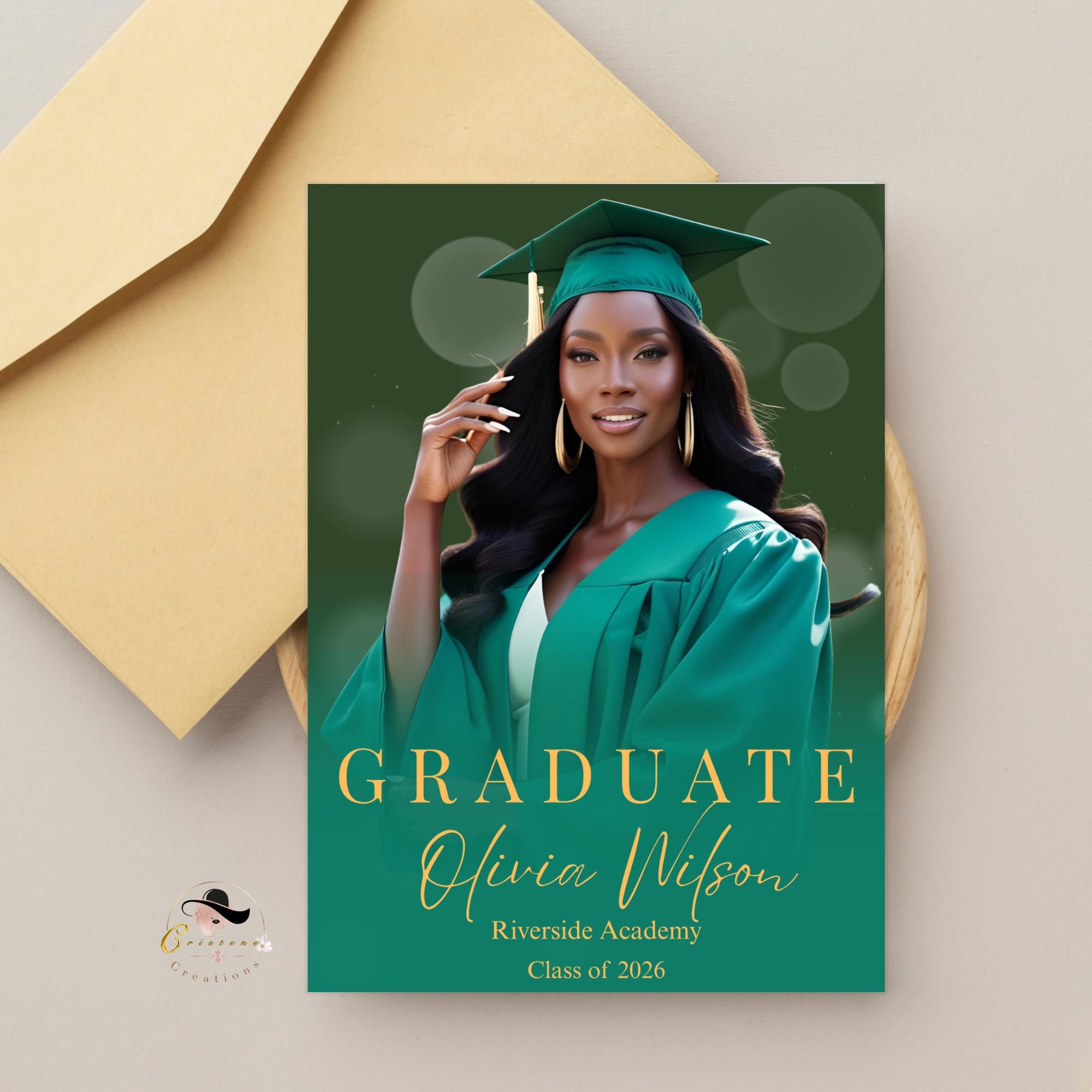 Digital Graduation Announcement Invitation Green Gold 2026 Senior Graduate Party with photo invite, Editable College Graduation Day Template