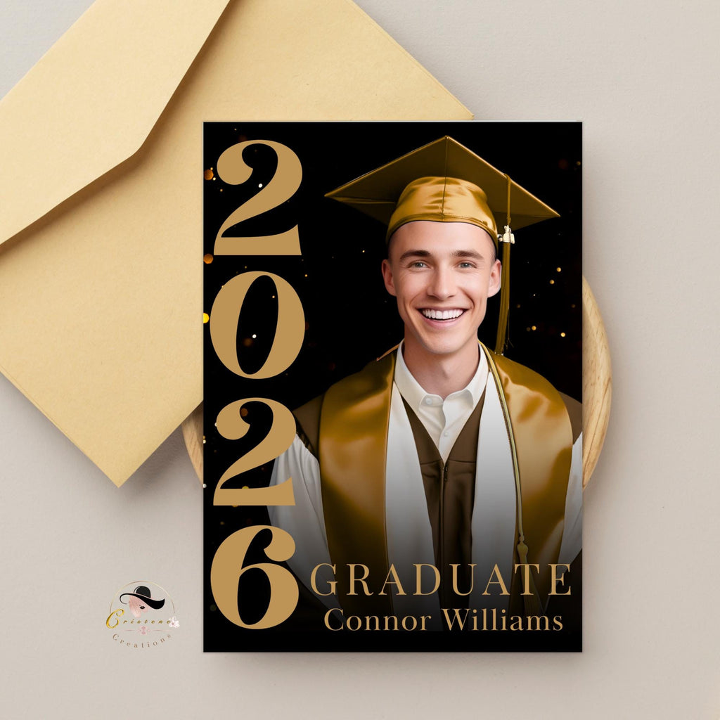 Digital Graduation Announcement Invitation Black Gold 2026 Senior Graduate Party with photo invite, Editable Men College Graduation Template