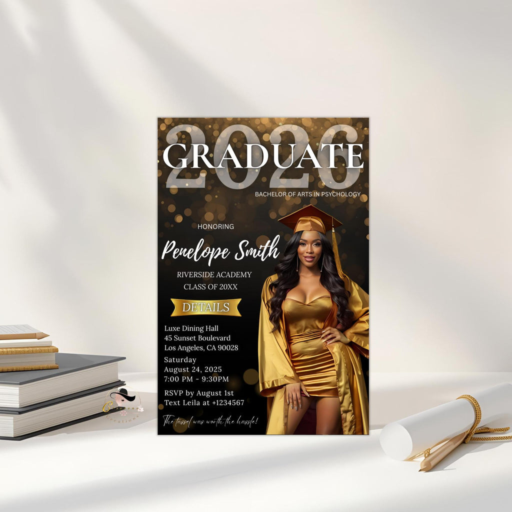 Black gold Graduation Announcement 2026 Invitation, Digital Senior Graduation invite with photo, Editable College Graduation Party Template