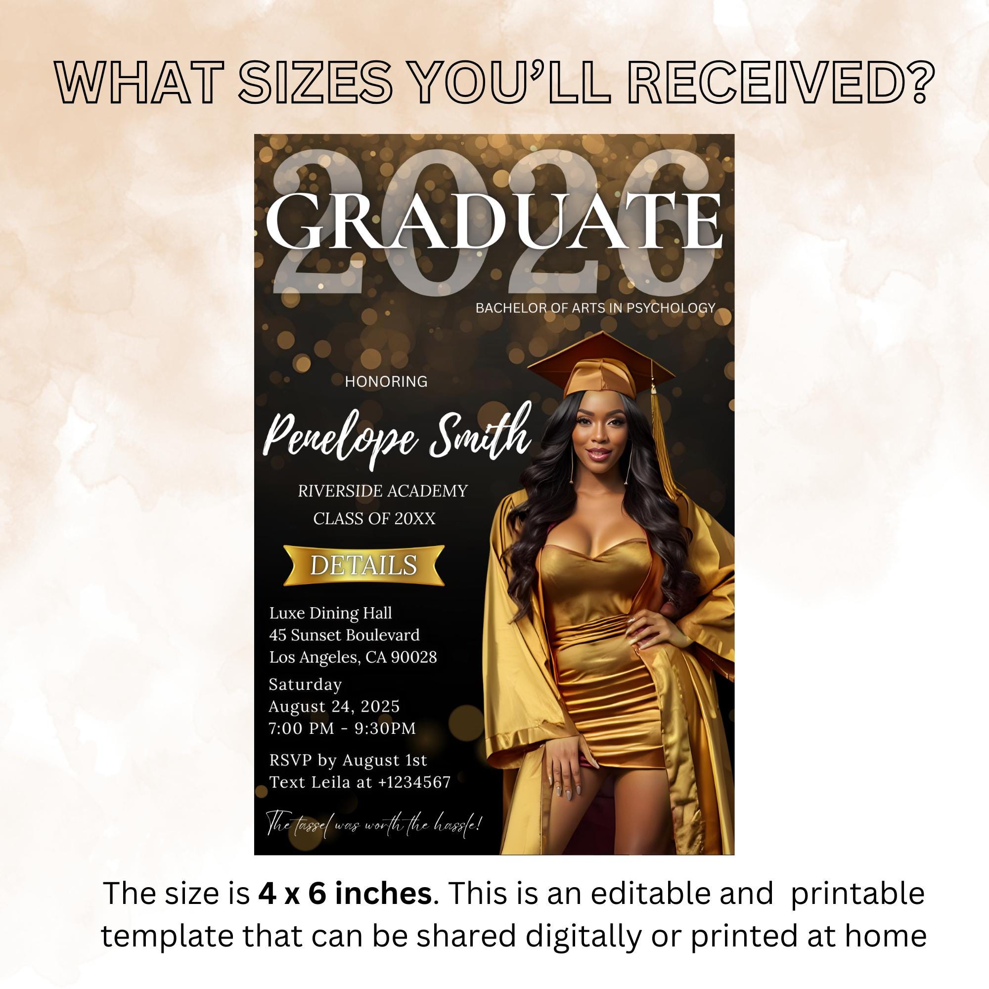 Black gold Graduation Announcement 2026 Invitation, Digital Senior Graduation invite with photo, Editable College Graduation Party Template