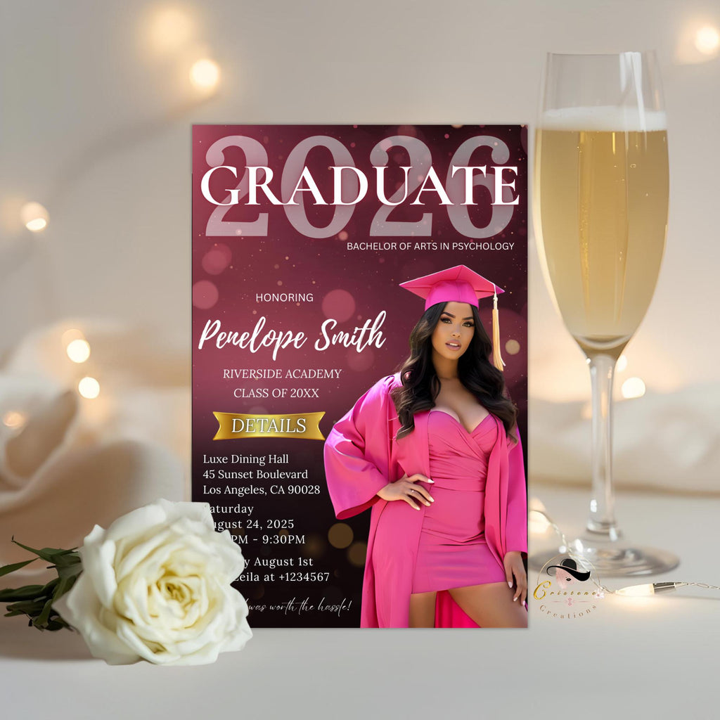 Digital Graduation Announcement 2026 Invitation Pink Black Senior Graduation invite with photo, Woman College Graduation Party Template