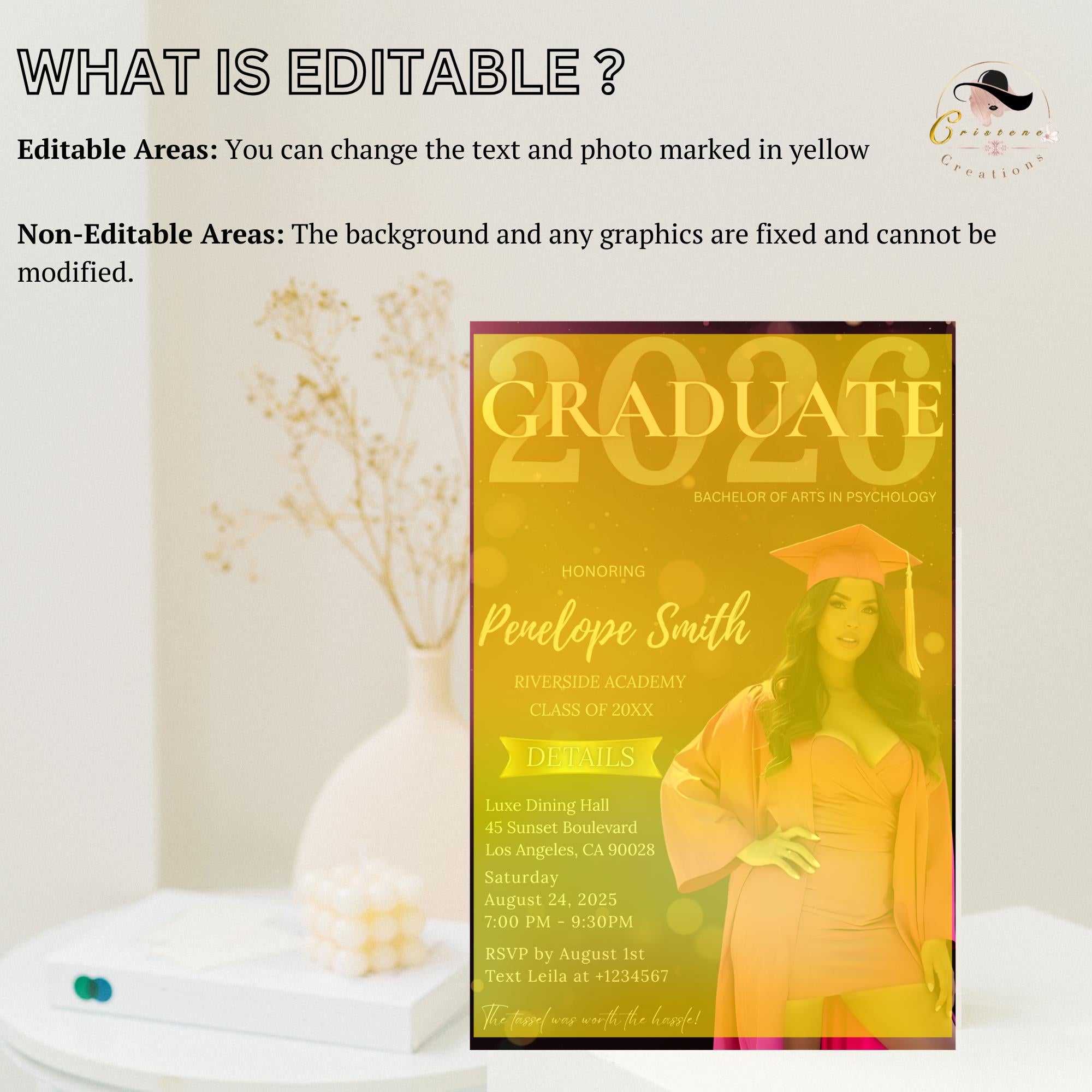 Digital Graduation Announcement 2026 Invitation Pink Black Senior Graduation invite with photo, Woman College Graduation Party Template