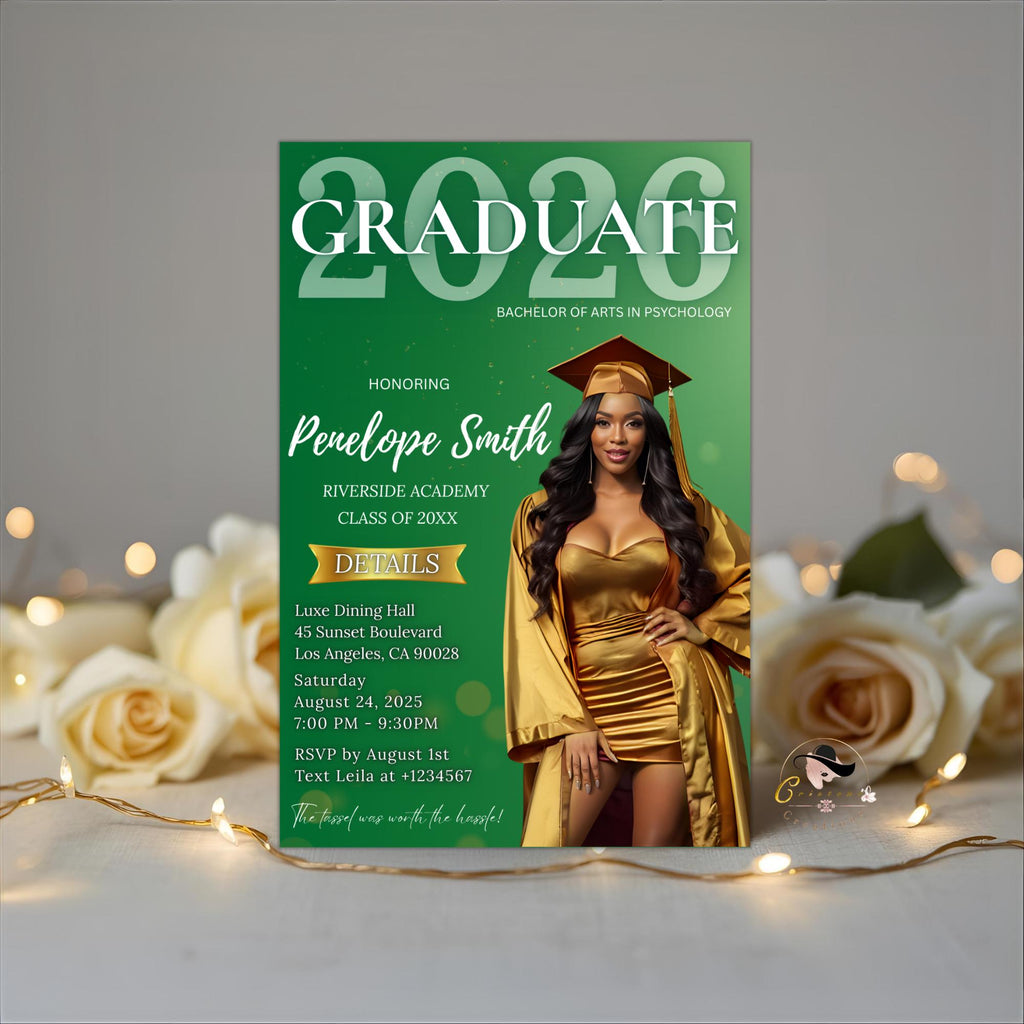 Editable Graduation Announcement Invitation Green Gold Woman Senior Grad Party Invite, Elegant College Graduation Day with photo Template