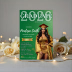 Editable Graduation Announcement Invitation Green Gold Woman Senior Grad Party Invite, Elegant College Graduation Day with photo Template