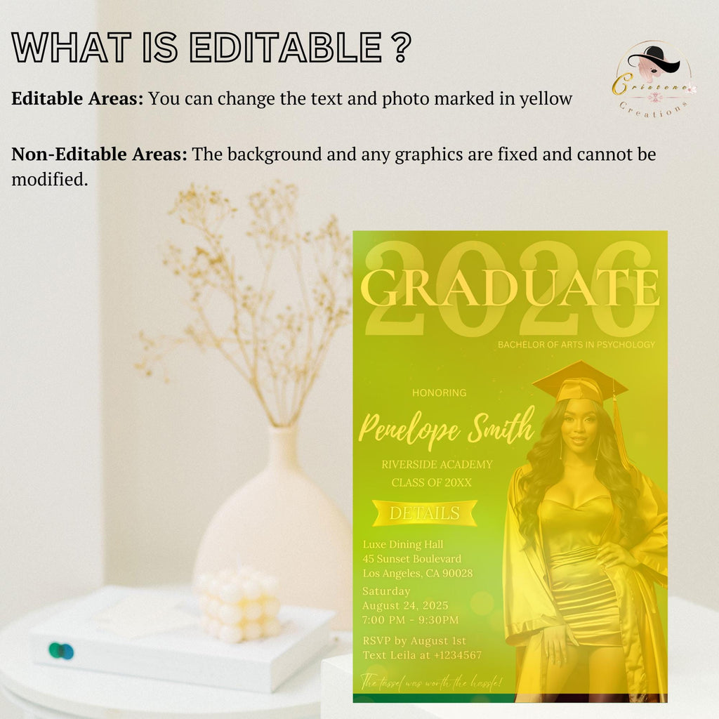 Editable Graduation Announcement Invitation Green Gold Woman Senior Grad Party Invite, Elegant College Graduation Day with photo Template