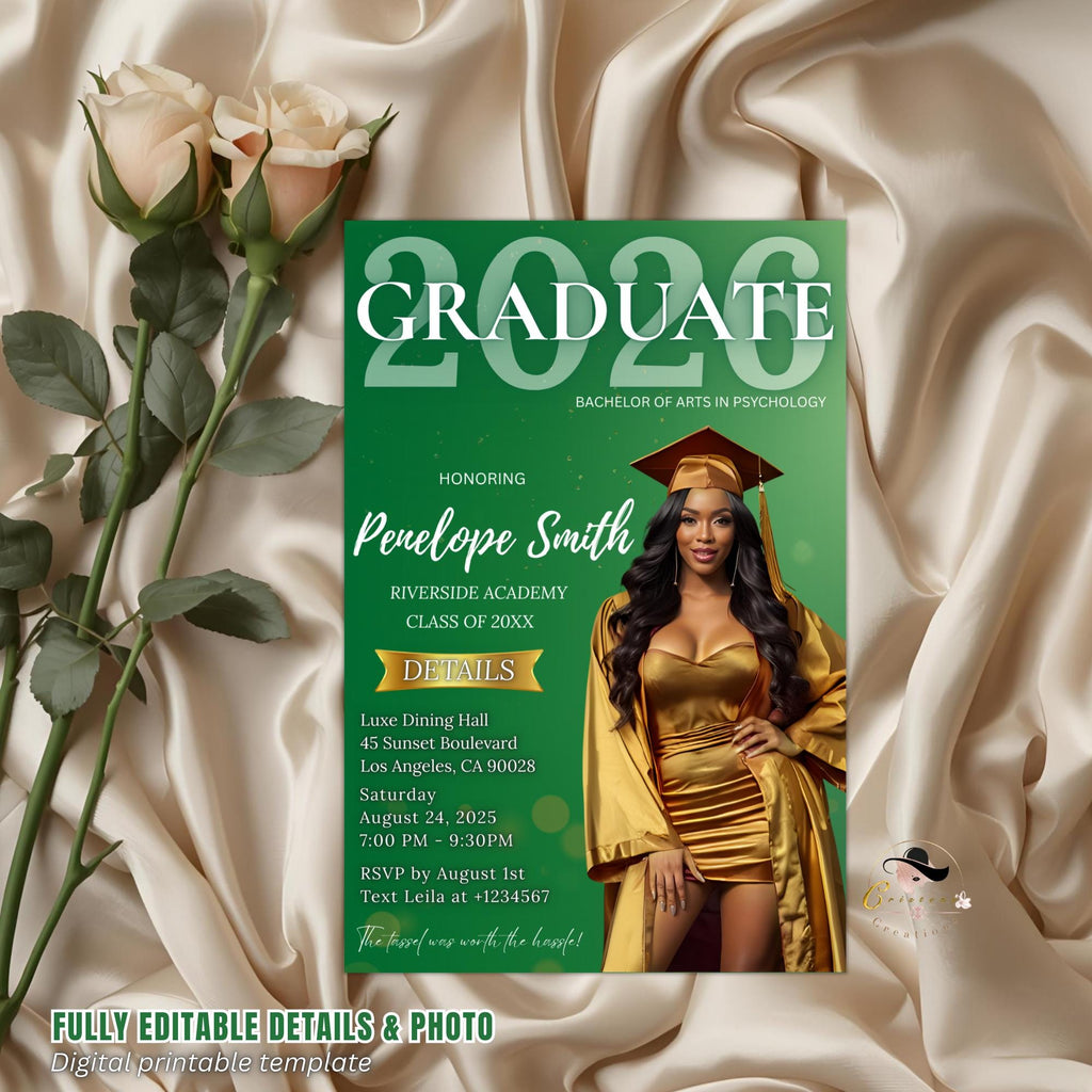Editable Graduation Announcement Invitation Green Gold Woman Senior Grad Party Invite, Elegant College Graduation Day with photo Template