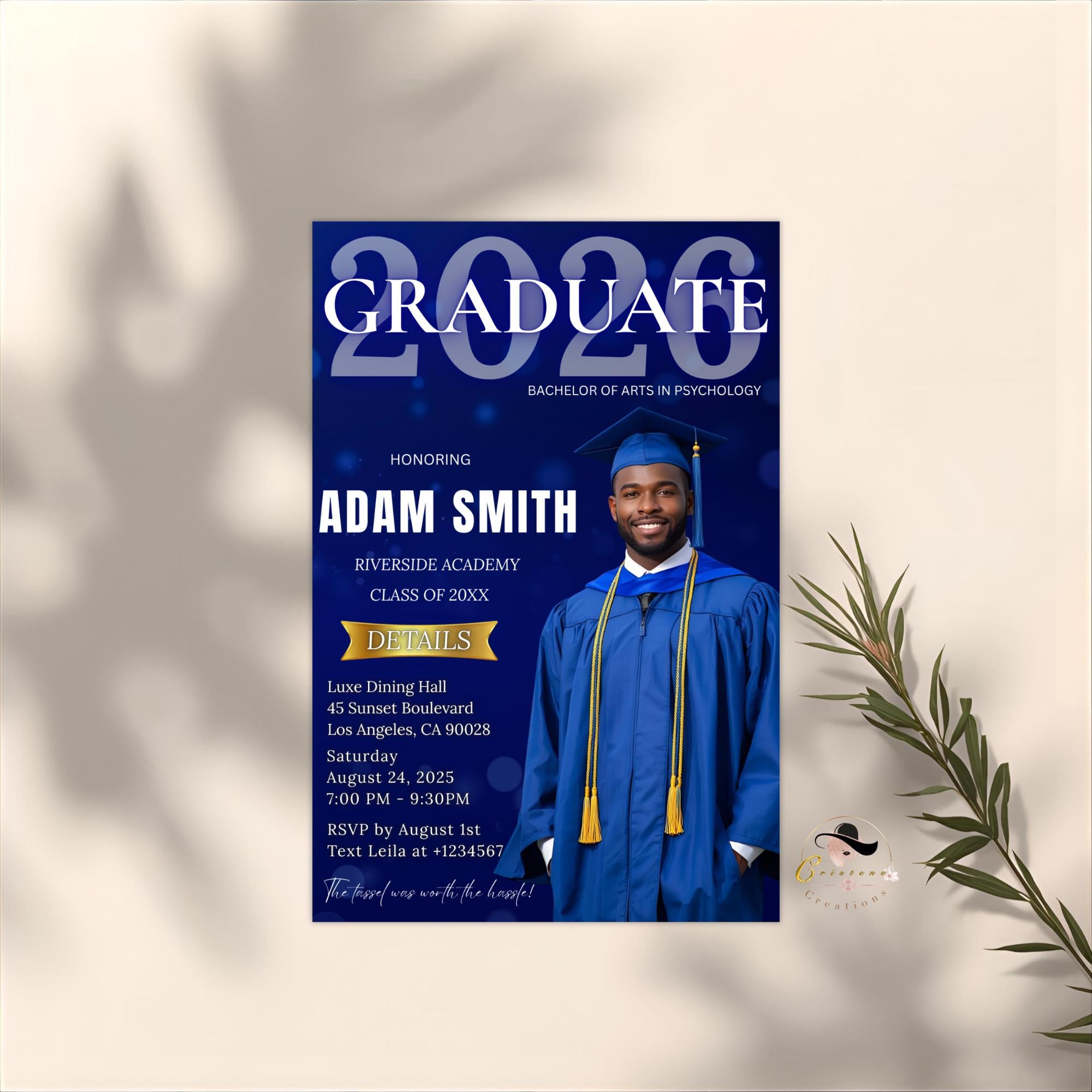 Men Graduation Announcement 2026 Invitation Navy Blue Senior Grad Party Invite with photo Digital College Graduation Day, He DID it Template