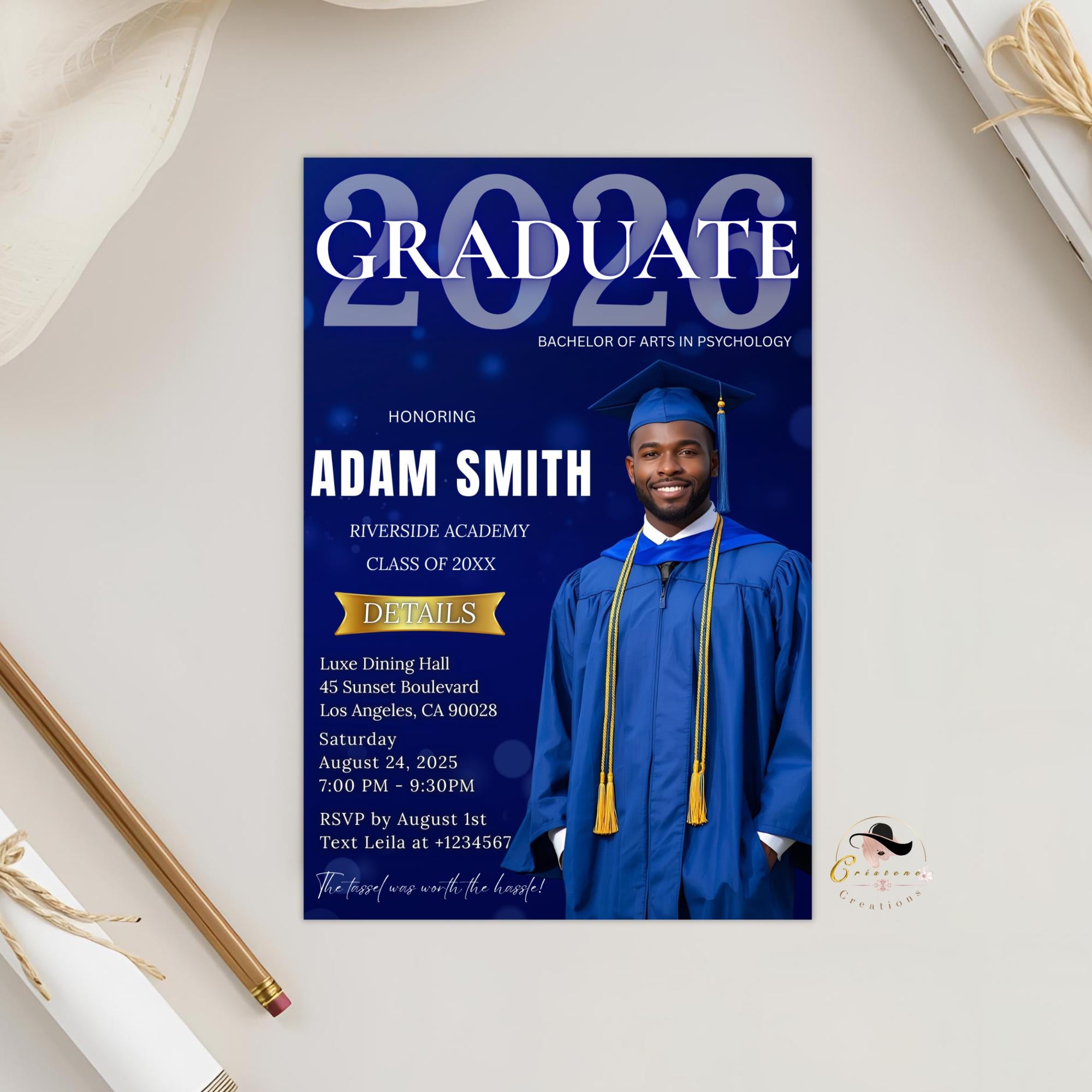 Men Graduation Announcement 2026 Invitation Navy Blue Senior Grad Party Invite with photo Digital College Graduation Day, He DID it Template